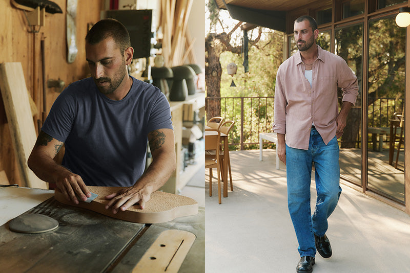 Two images of a man: one working with wood in a workshop, the other walking outdoors.