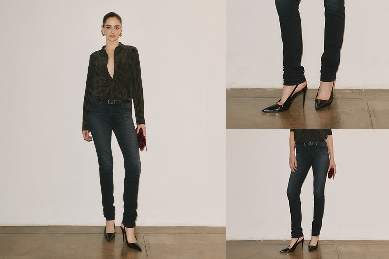 Woman wearing black top and jeans with close-up of shoes and jeans.