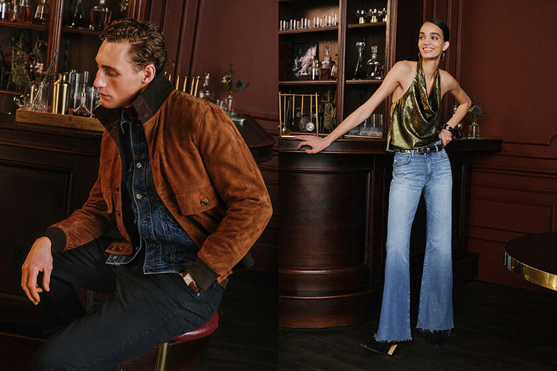 A split lifestyle image showing a man in a brown suede jacket and a woman in a metallic green halter top and blue flared jeans, both styled in a dark, elegant bar setting.