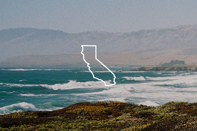 California Spirit - A scenic view of a coastline with mountains and water with a California outline icon overlay.
