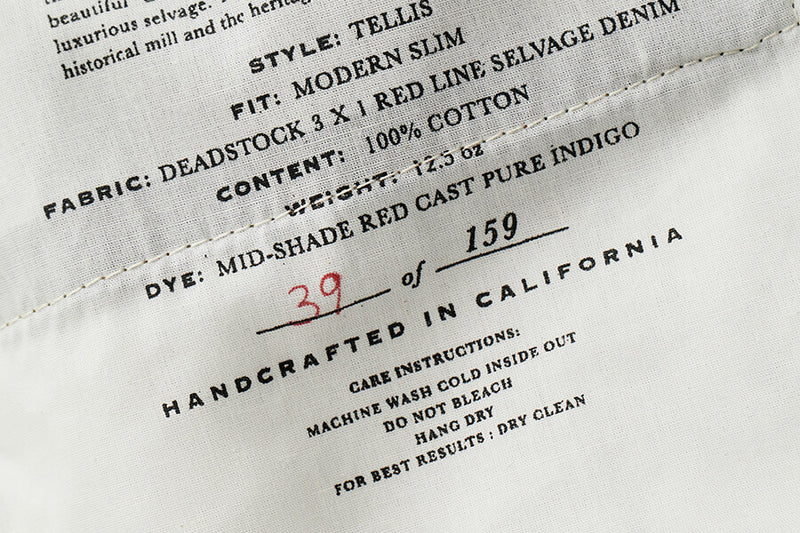 Fabric label with text details on a white background