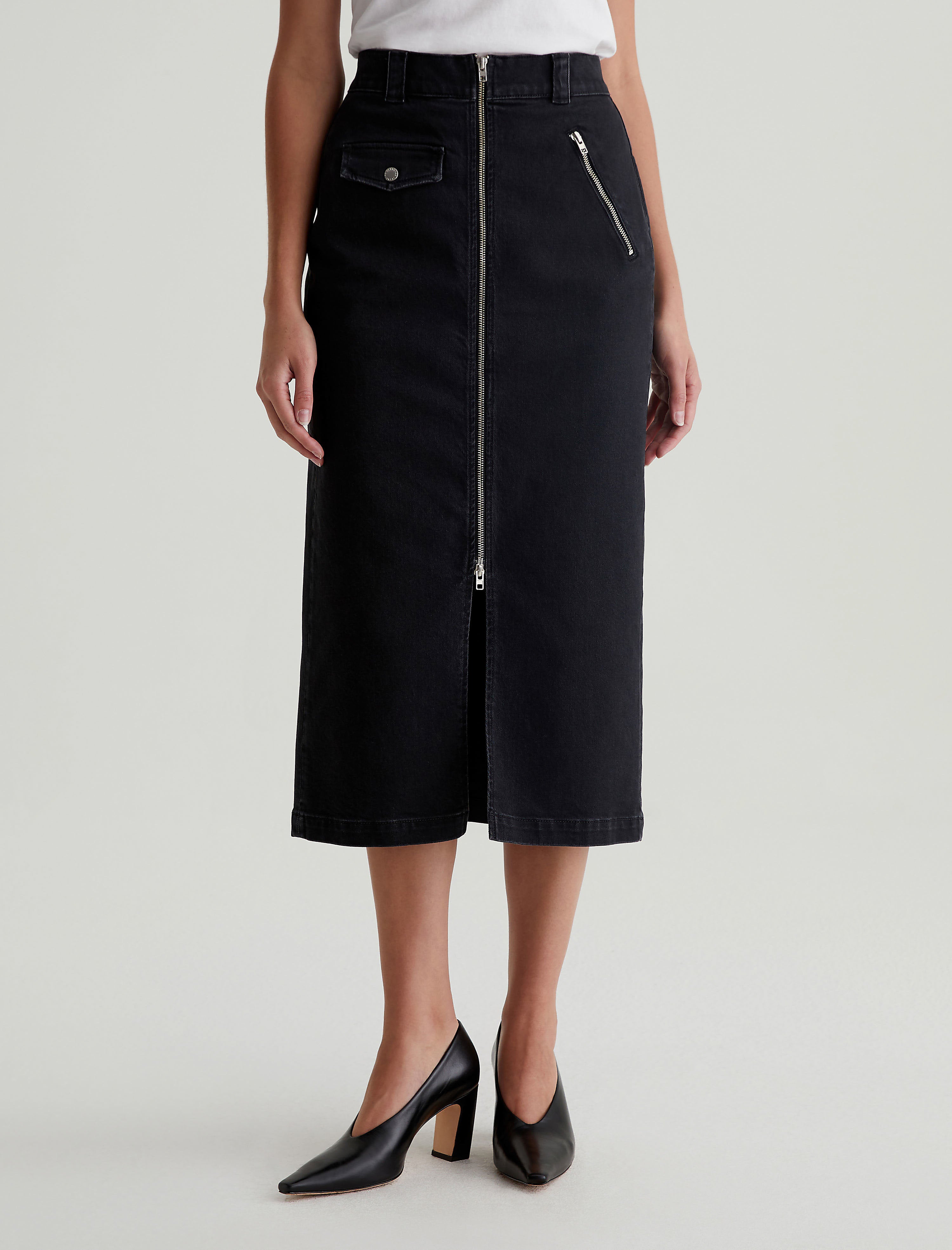 ★YOUTHBATH★ZIPPER DENIM SKIRT_CHARCOAL★正規品/直送料込 High Rise Long Skirt In Plus Size With Center Front Slit