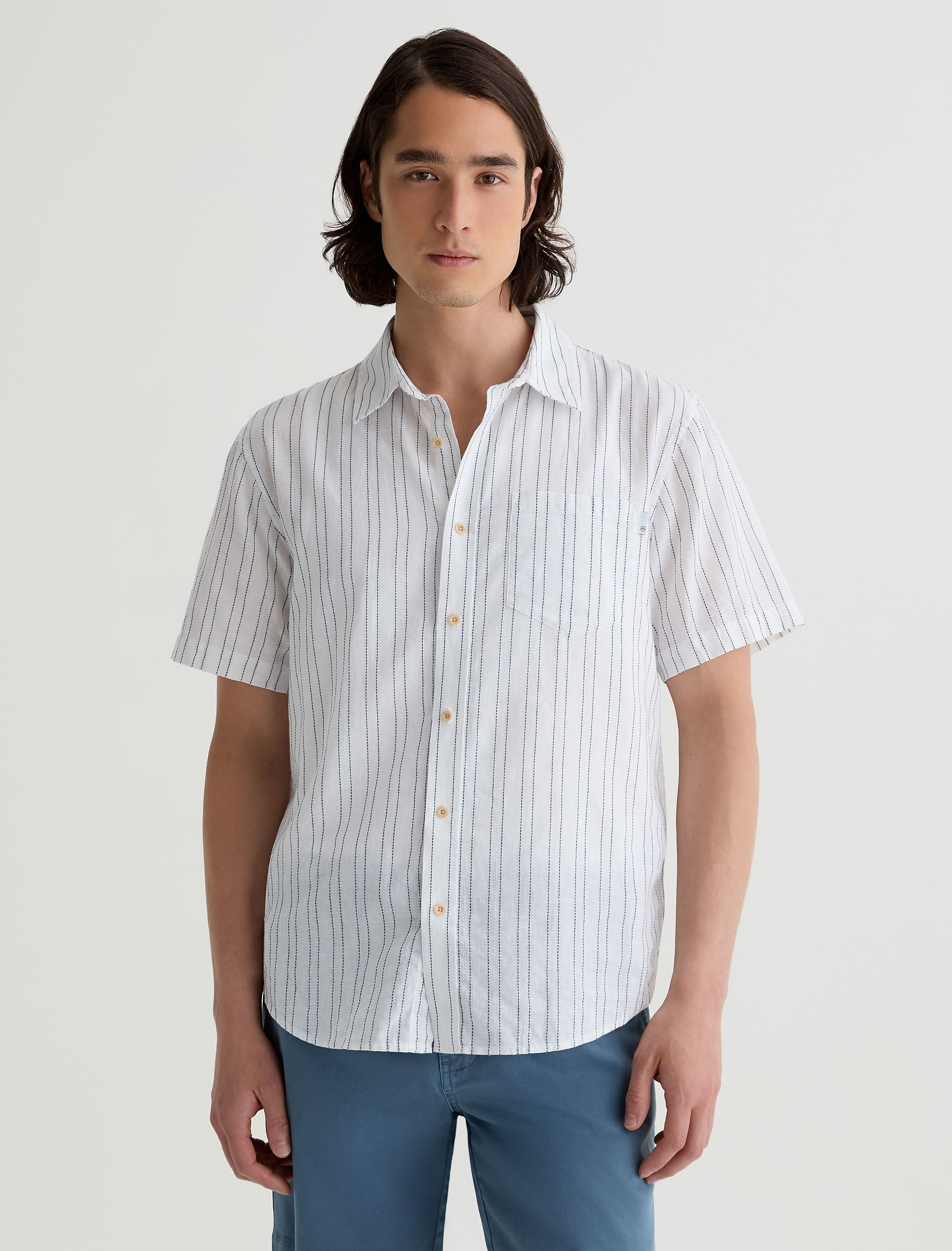 Men Wesley Short Sleeve Shirt Micro Blue/White Stripe at AG Jeans