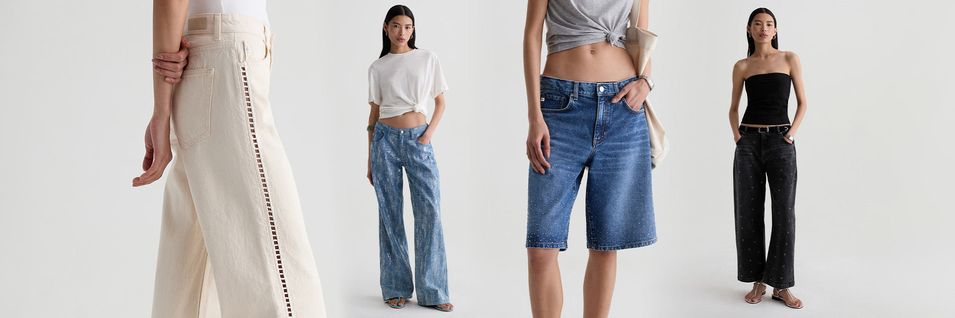 Models wearing statement denim pieces