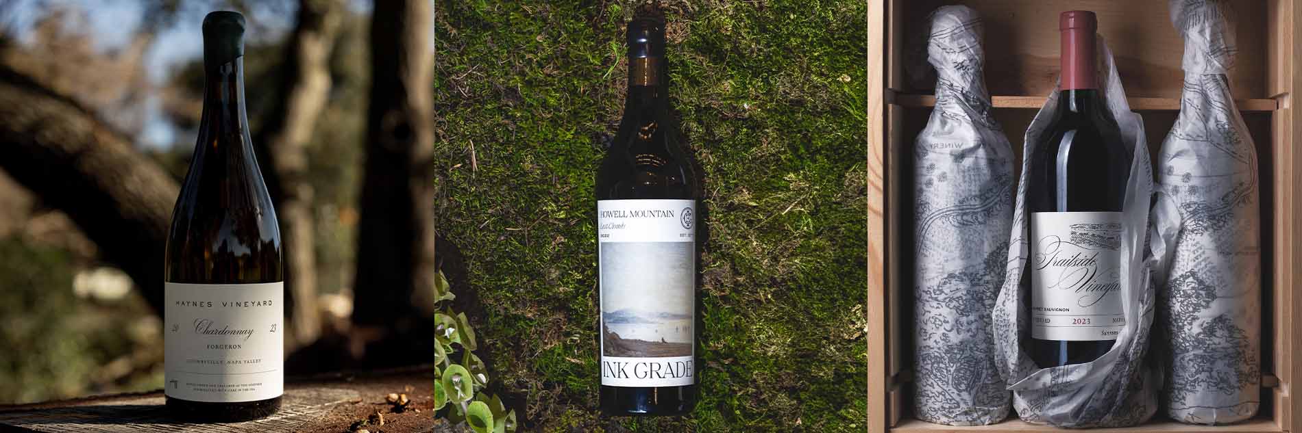 Three wine bottles with labels displayed against natural and rustic backgrounds.
