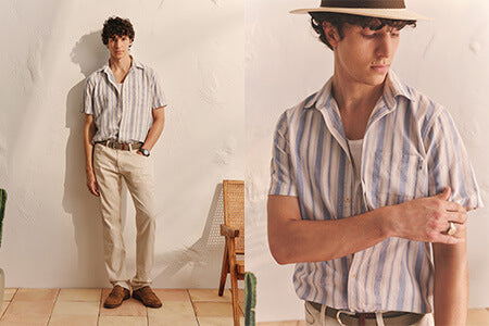 Men in striped shirts with a hat in front of white background