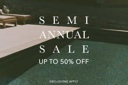 Semi-annual sale with text overlay on a poolside background