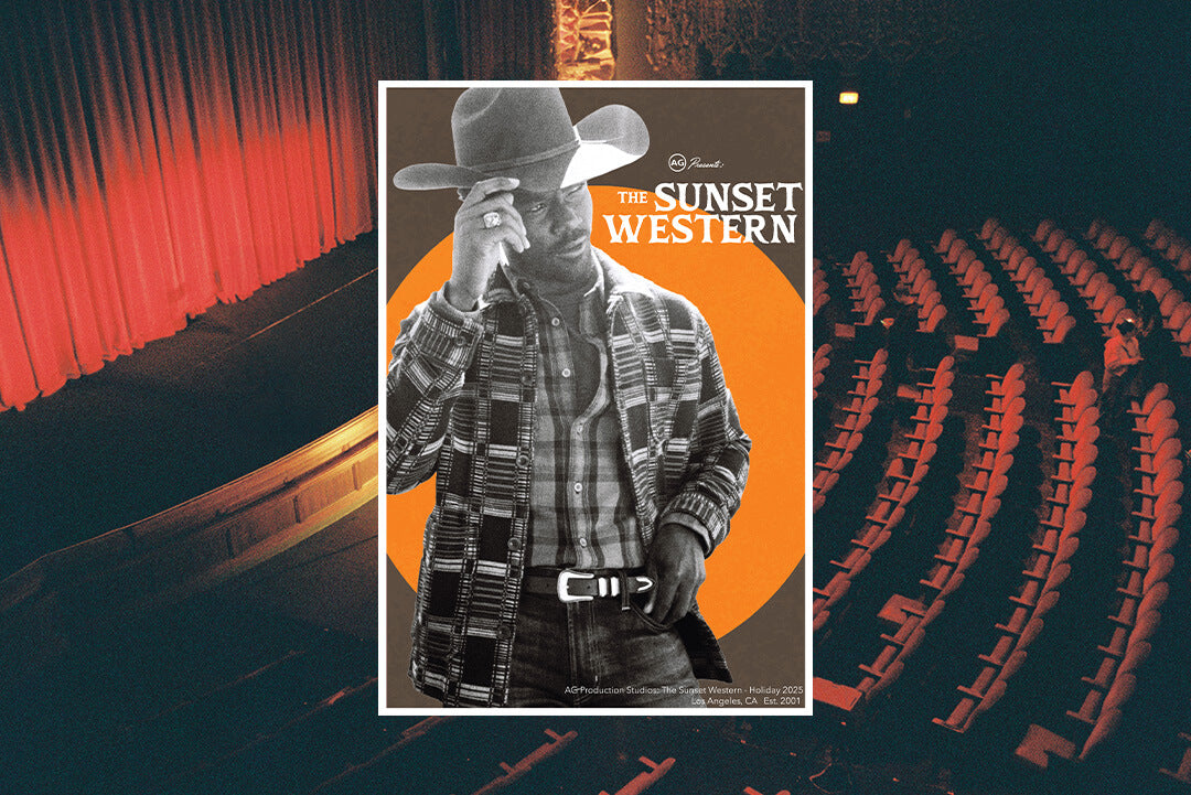 Movie poster for 'The Sunset Western' with a cowboy in a theater setting.