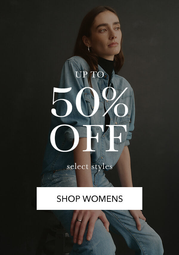 Woman wearing a denim jacket with promotional text overlay on a dark background