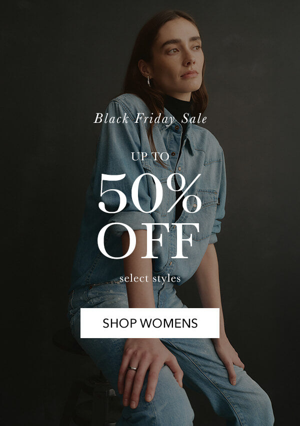 Woman in denim outfit with Black Friday sale text overlay on a dark background
