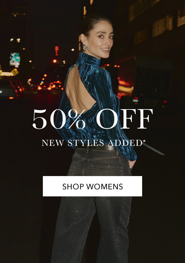 Woman in a blue velvet top with a backless design on a dark street at night, with promotional text overlay.
