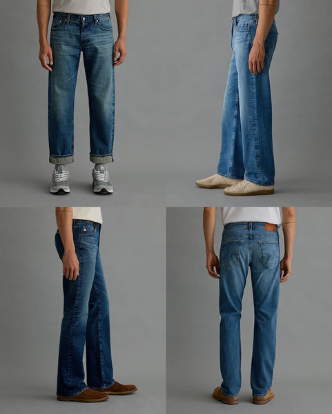 Collage of blue jeans worn by a person on a gray background