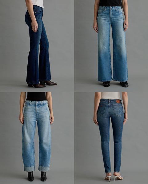 Four different styles of blue jeans displayed on a gray background
