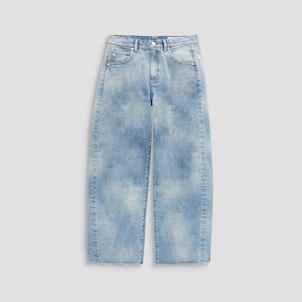 Light blue denim jeans on a light gray background