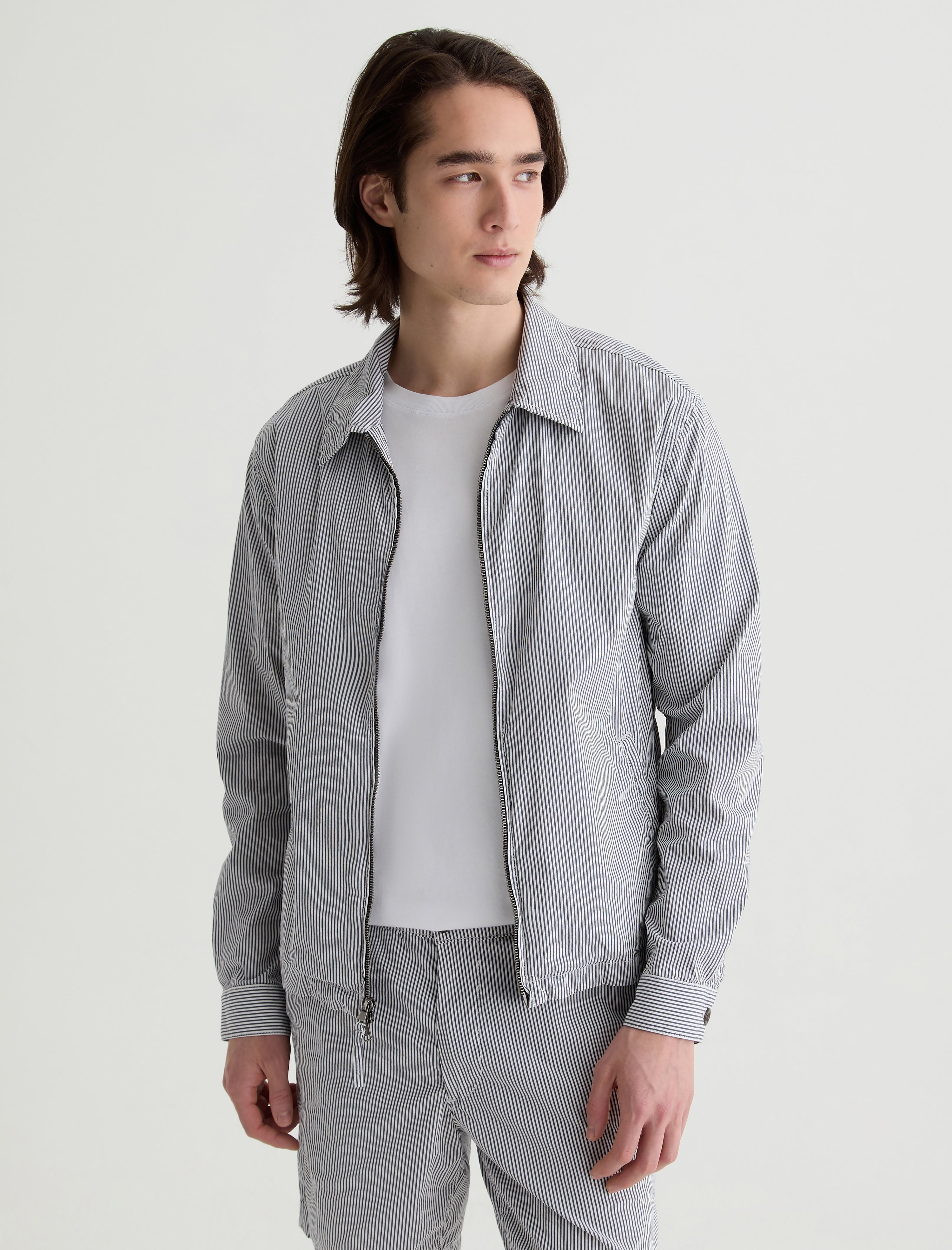 Philip Zip Jacket Charcoal Stripe Modern Chore Coat Men Top Photo 1