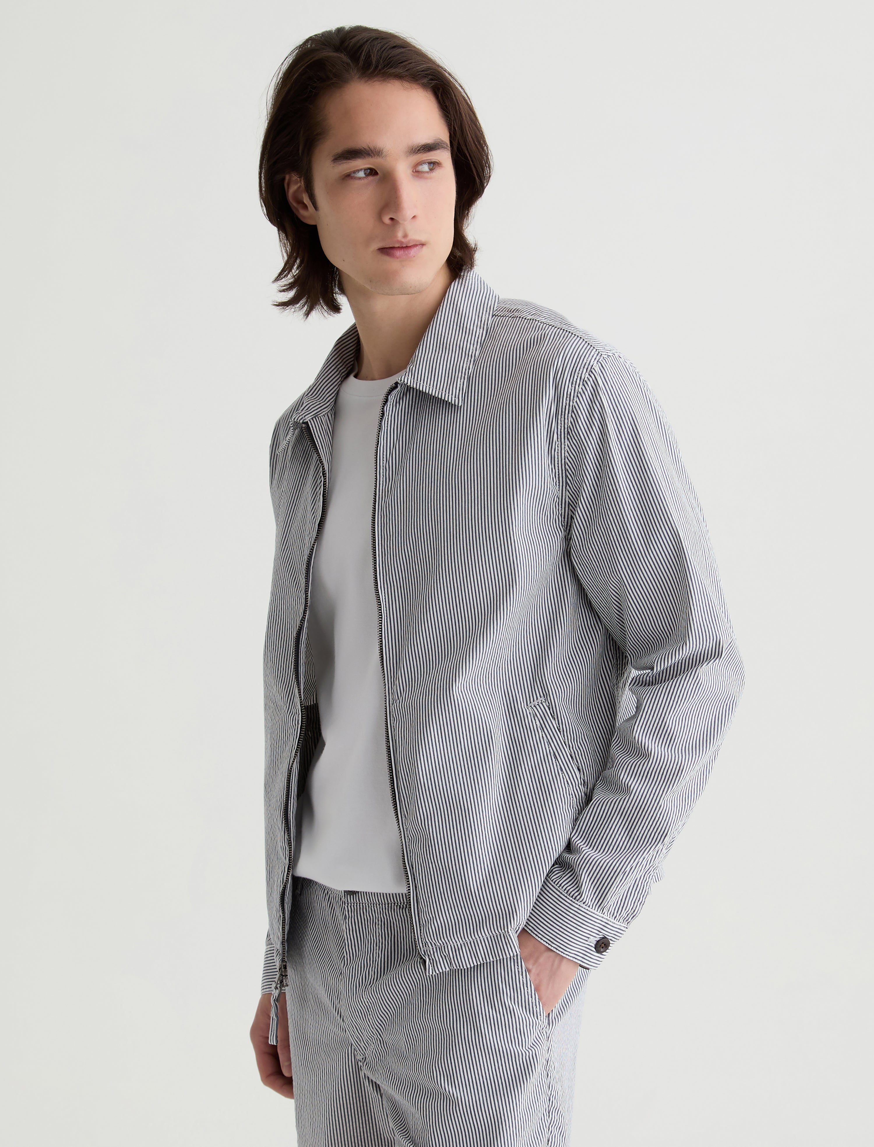 Philip Zip Jacket Charcoal Stripe Modern Chore Coat Men Top Photo 6