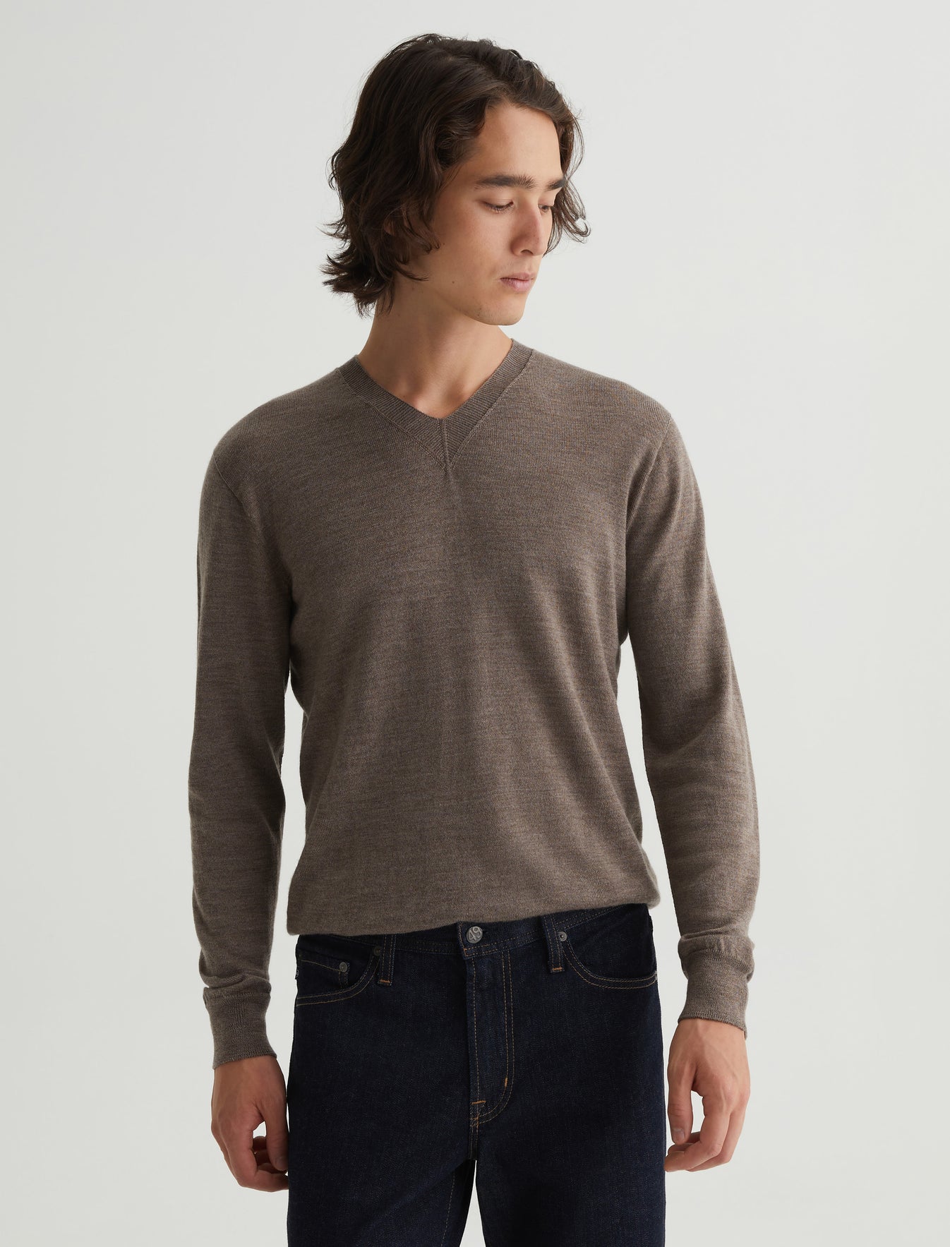 Beck Vee Melange Taupe Classic Fit Long Sleeve Vee Neck Sweater Mens Top Photo 4