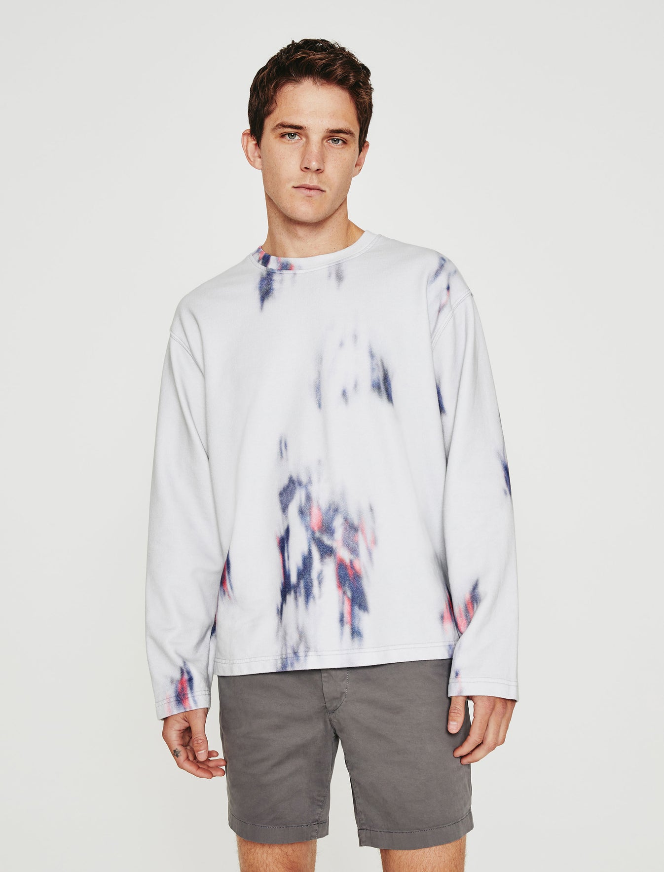Liam Crew Ikat Brush Blue Multi Relaxed Fit Crew Neck Sweatshirt Mens Top Photo 1