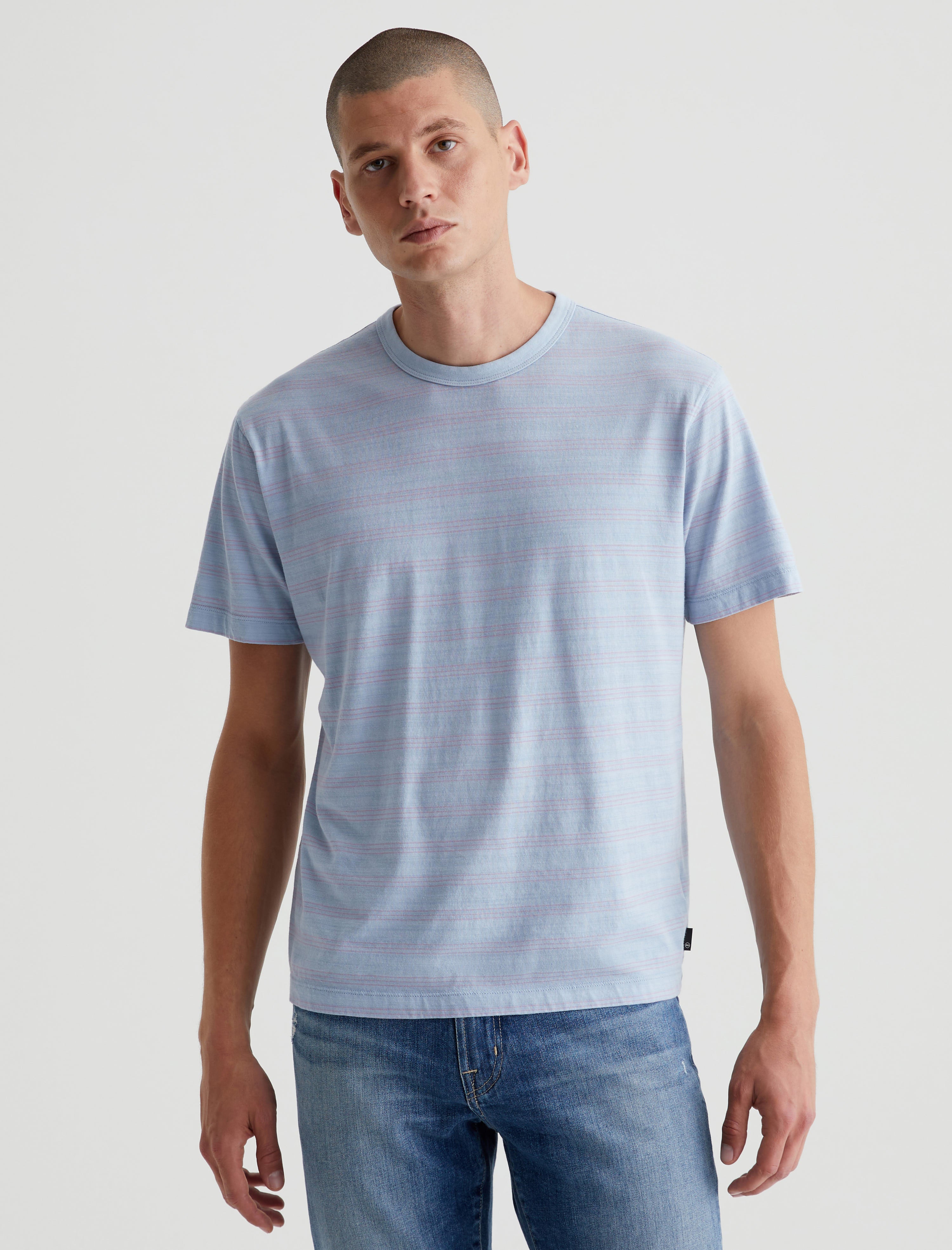 Wesley Crew Terrace Stripe Freshwater/Violet Relaxed T-Shirt Men Top Photo 1