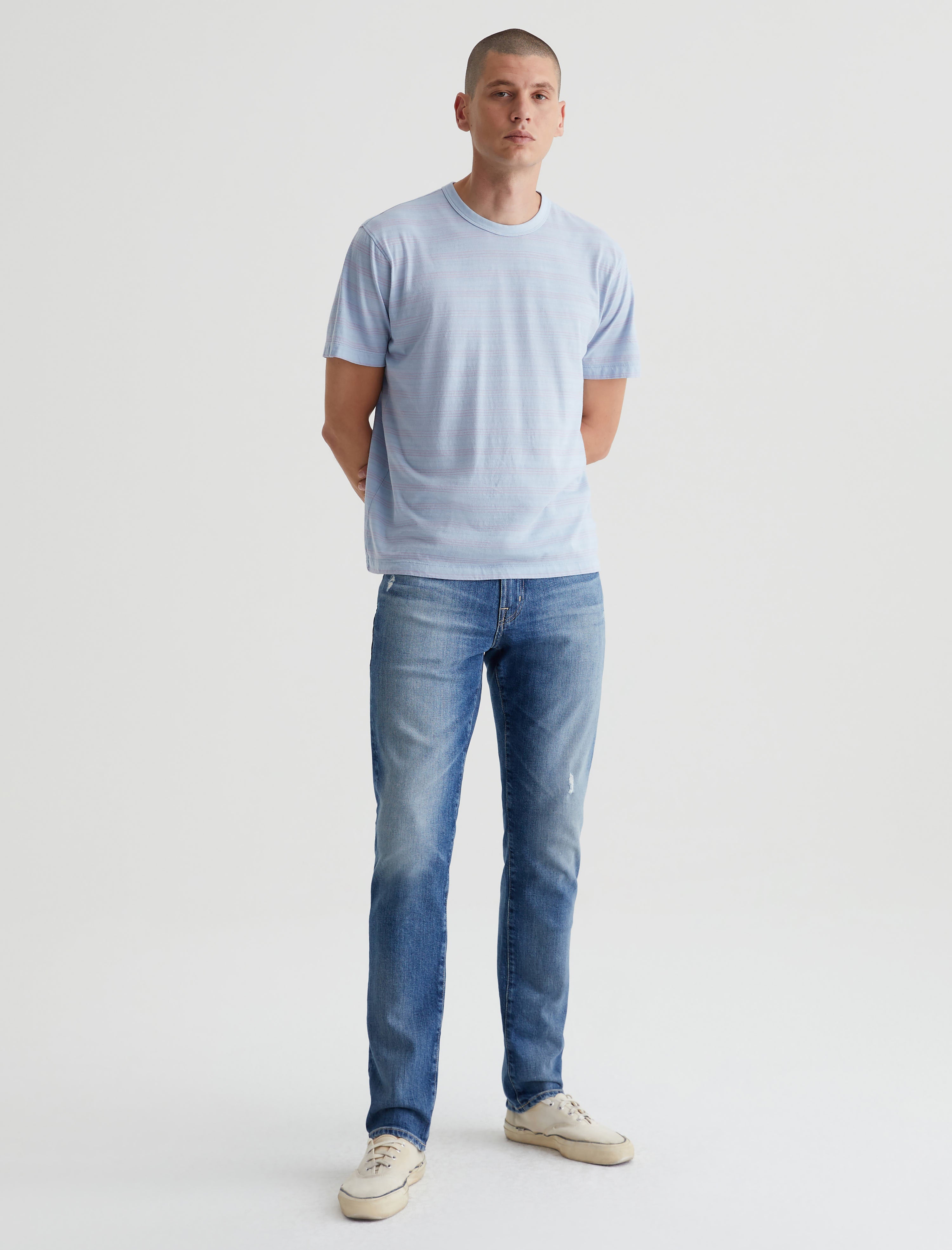 Wesley Crew Terrace Stripe Freshwater/Violet Relaxed T-Shirt Men Top Photo 2