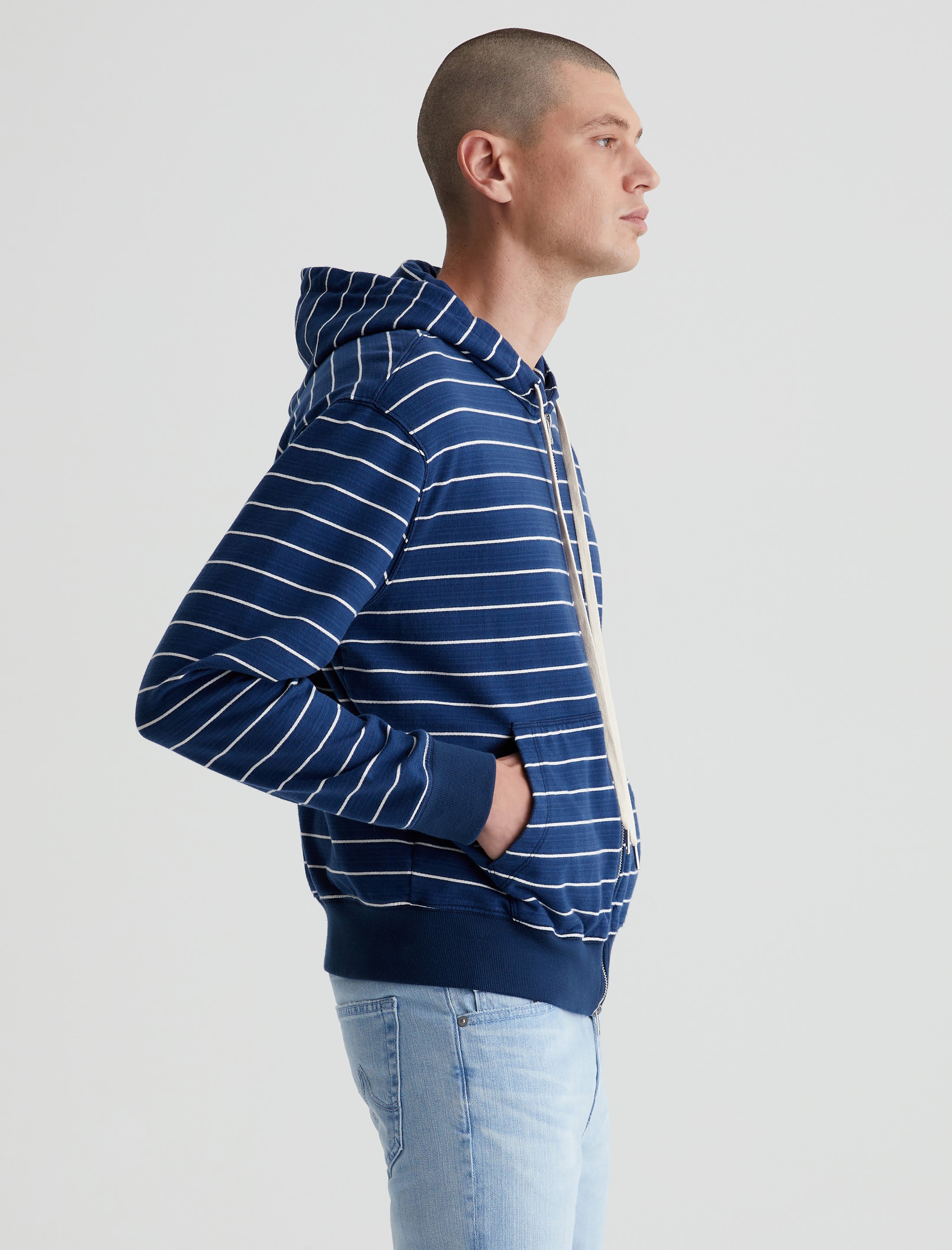 Arc Zip Hoodie Horizontal Pinstripe Navy Relaxed Hooded Sweatshirt Men Top Photo 1