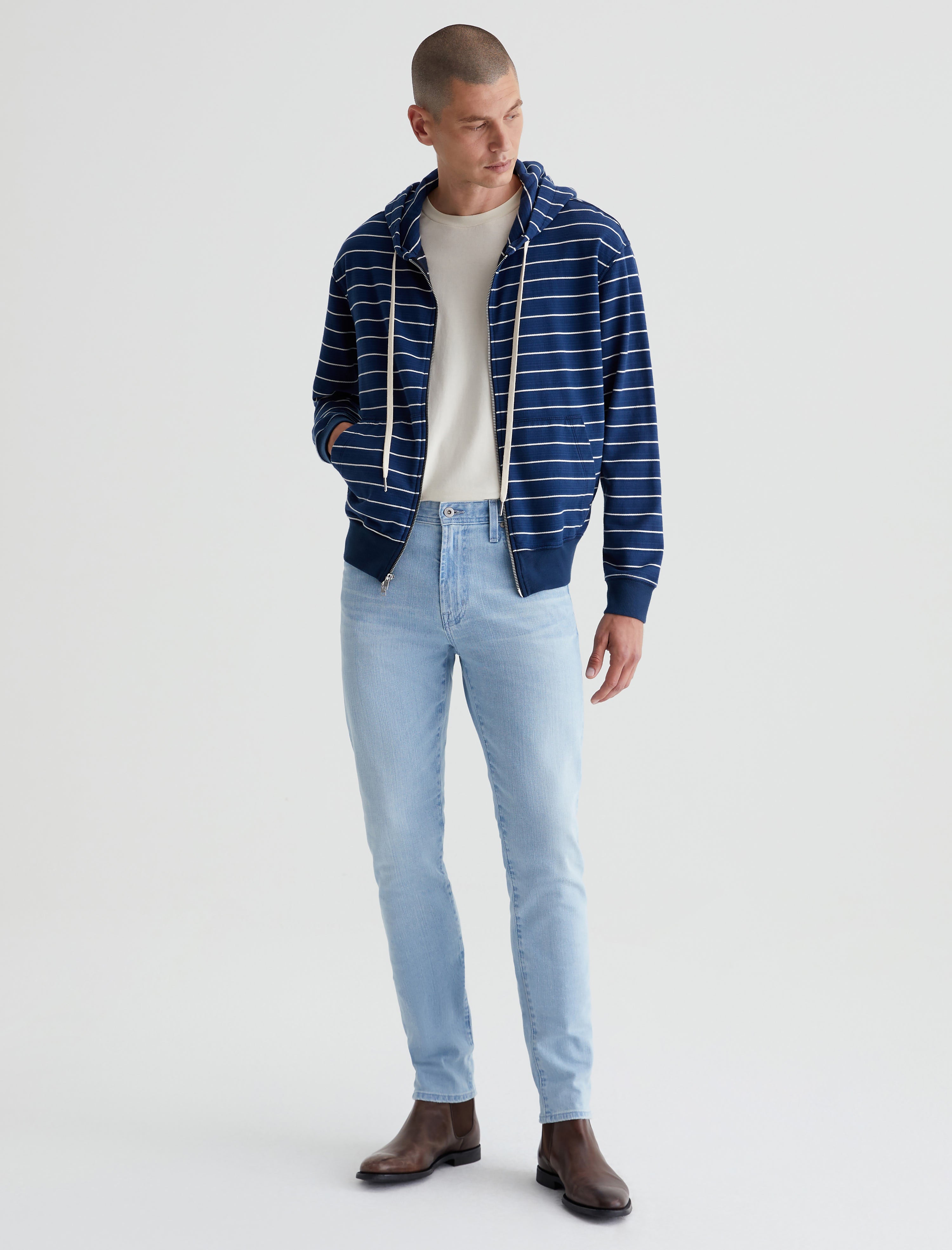 Arc Zip Hoodie Horizontal Pinstripe Navy Relaxed Hooded Sweatshirt Men Top Photo 2