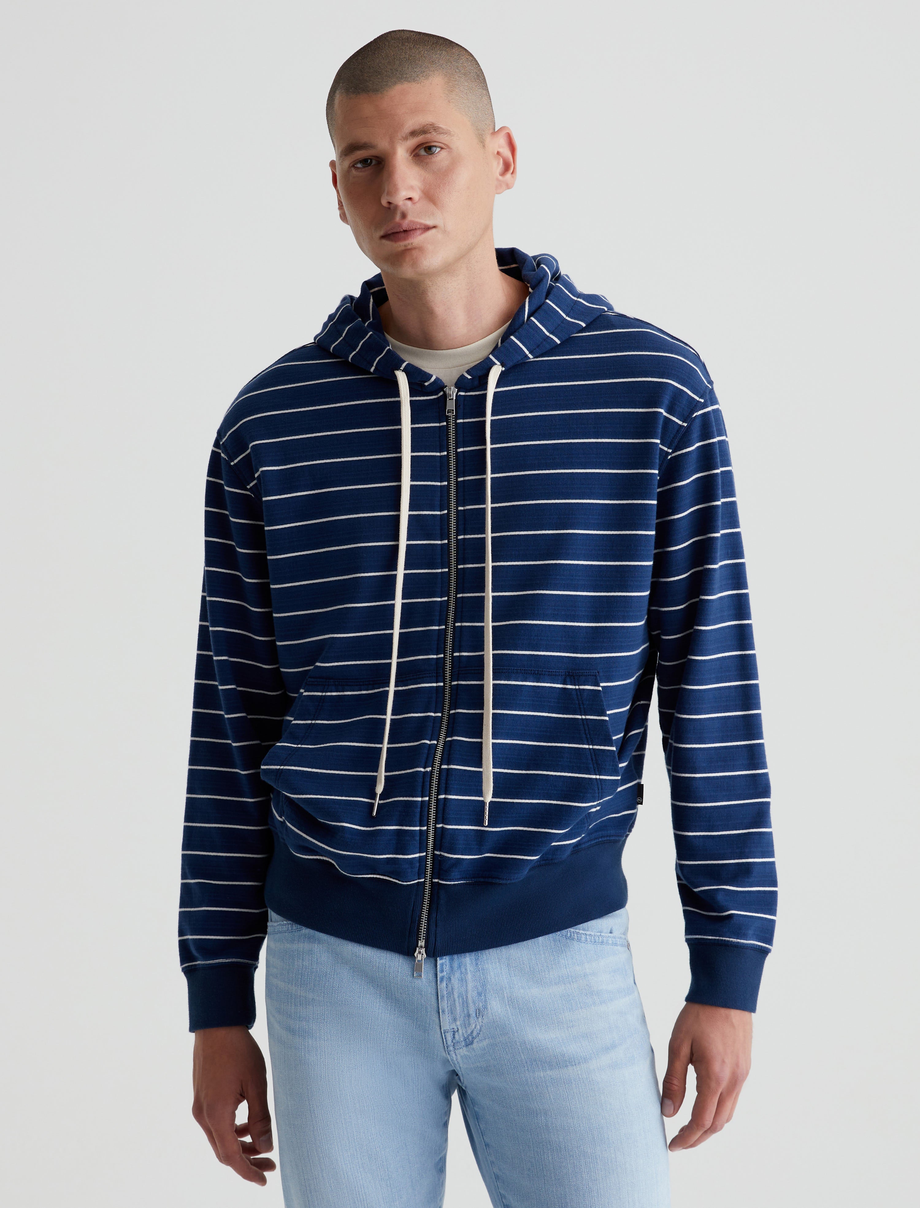 Arc Zip Hoodie Horizontal Pinstripe Navy Relaxed Hooded Sweatshirt Men Top Photo 3