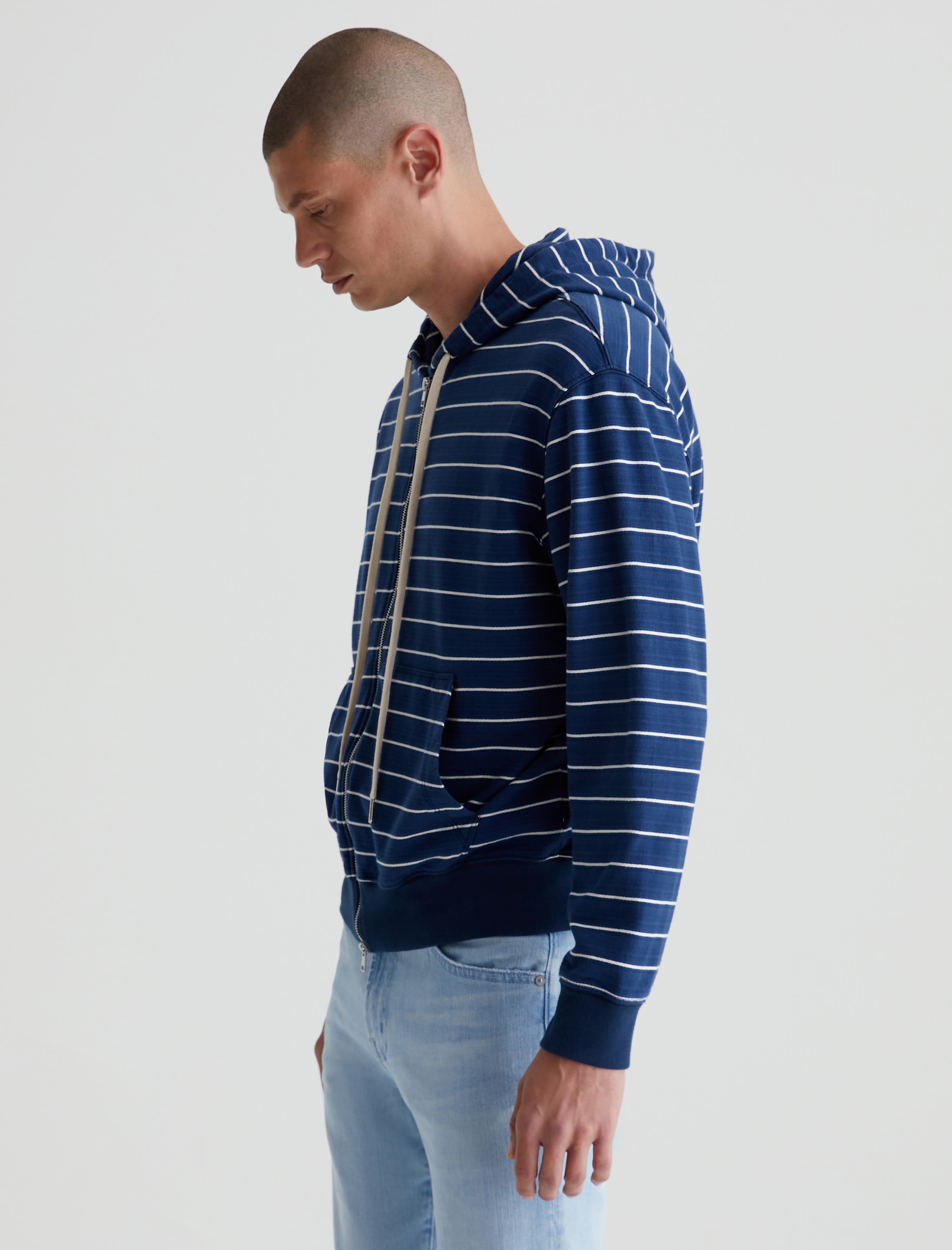 Arc Zip Hoodie Horizontal Pinstripe Navy Relaxed Hooded Sweatshirt Men Top Photo 4