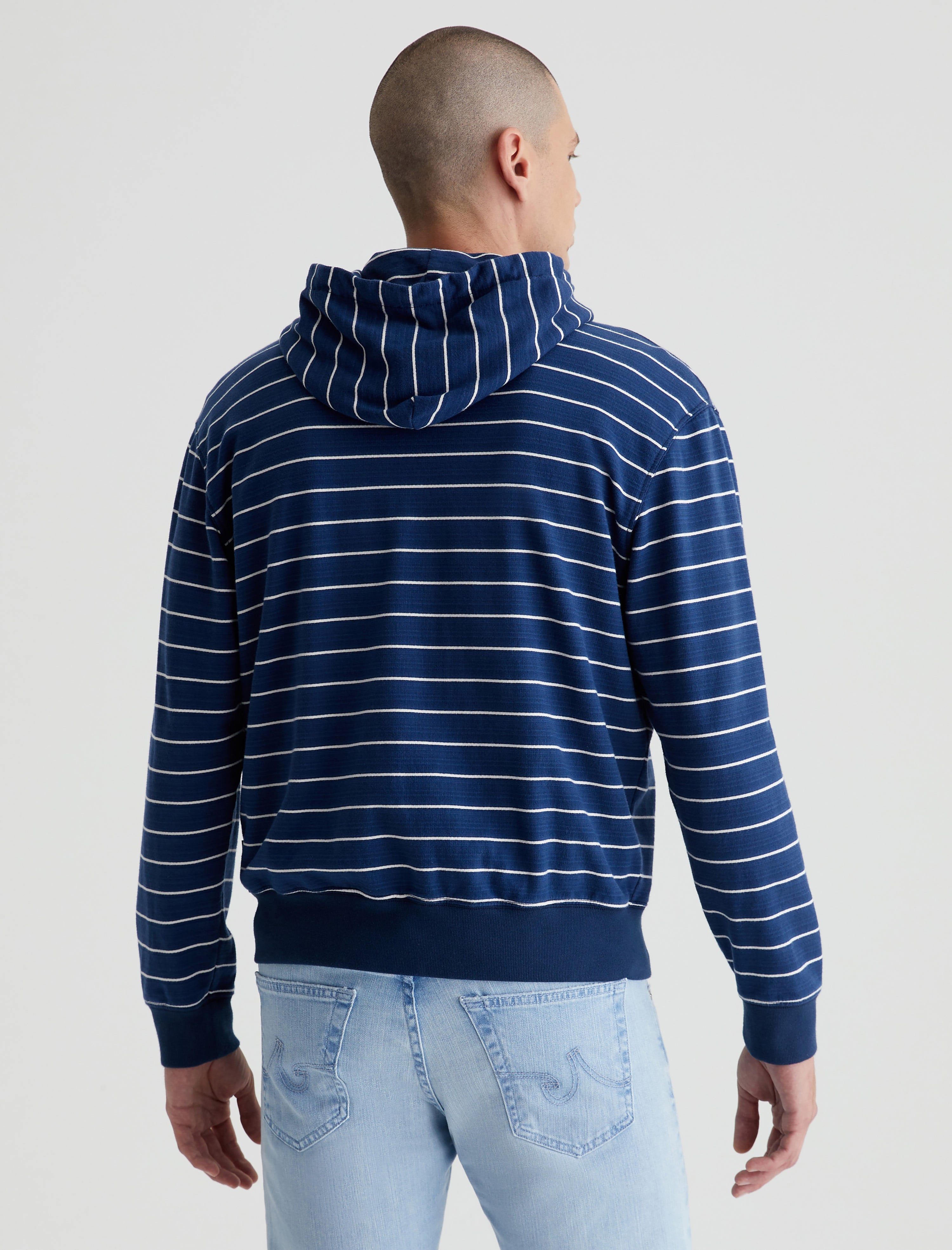 Arc Zip Hoodie Horizontal Pinstripe Navy Relaxed Hooded Sweatshirt Men Top Photo 5