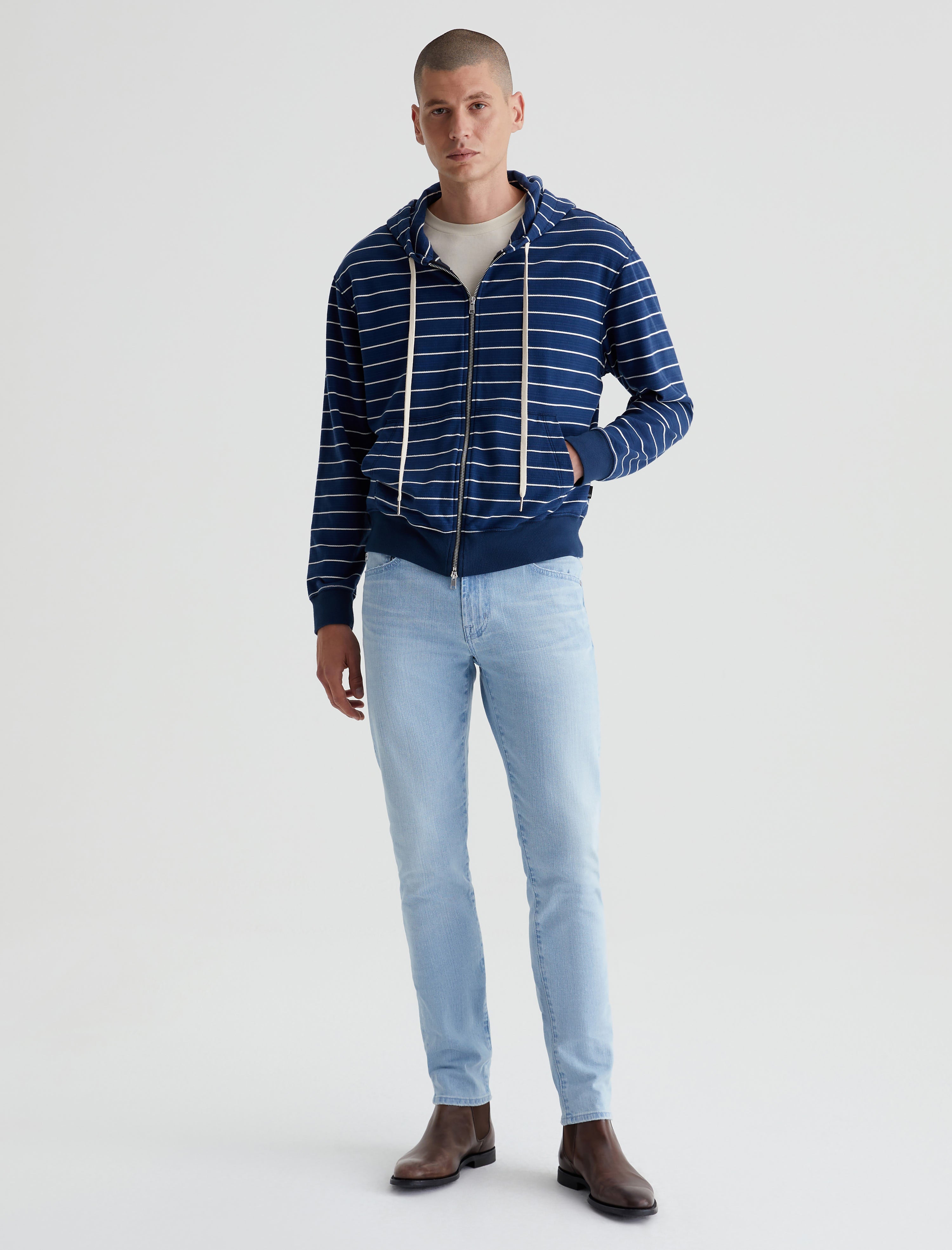 Arc Zip Hoodie Horizontal Pinstripe Navy Relaxed Hooded Sweatshirt Men Top Photo 6