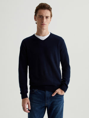 Beck Vee Navy Night Classic Long Sleeve Vee Neck Cashmere Sweater Photo 1