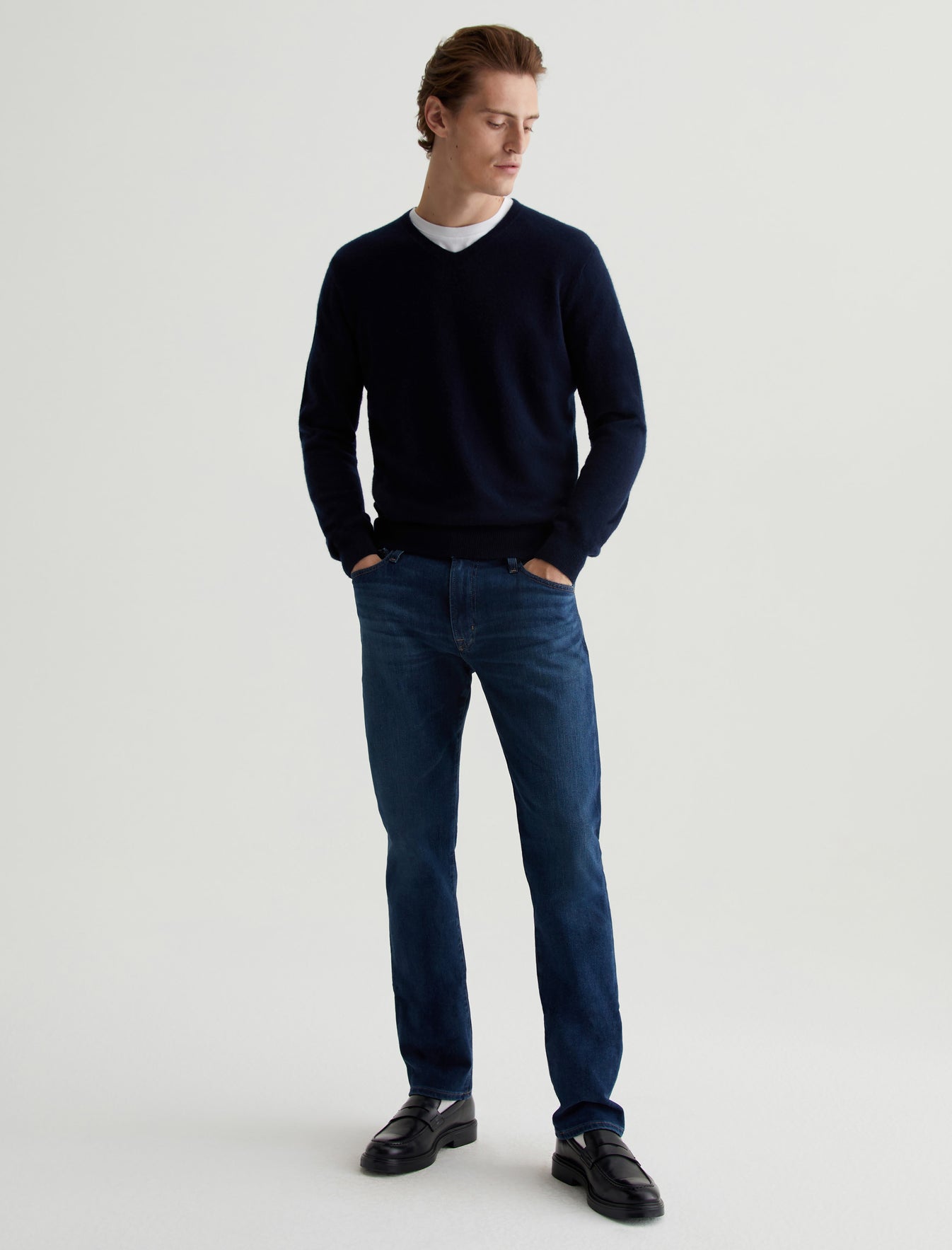 Beck Vee Navy Night Classic Long Sleeve Vee Neck Cashmere Sweater Photo 4