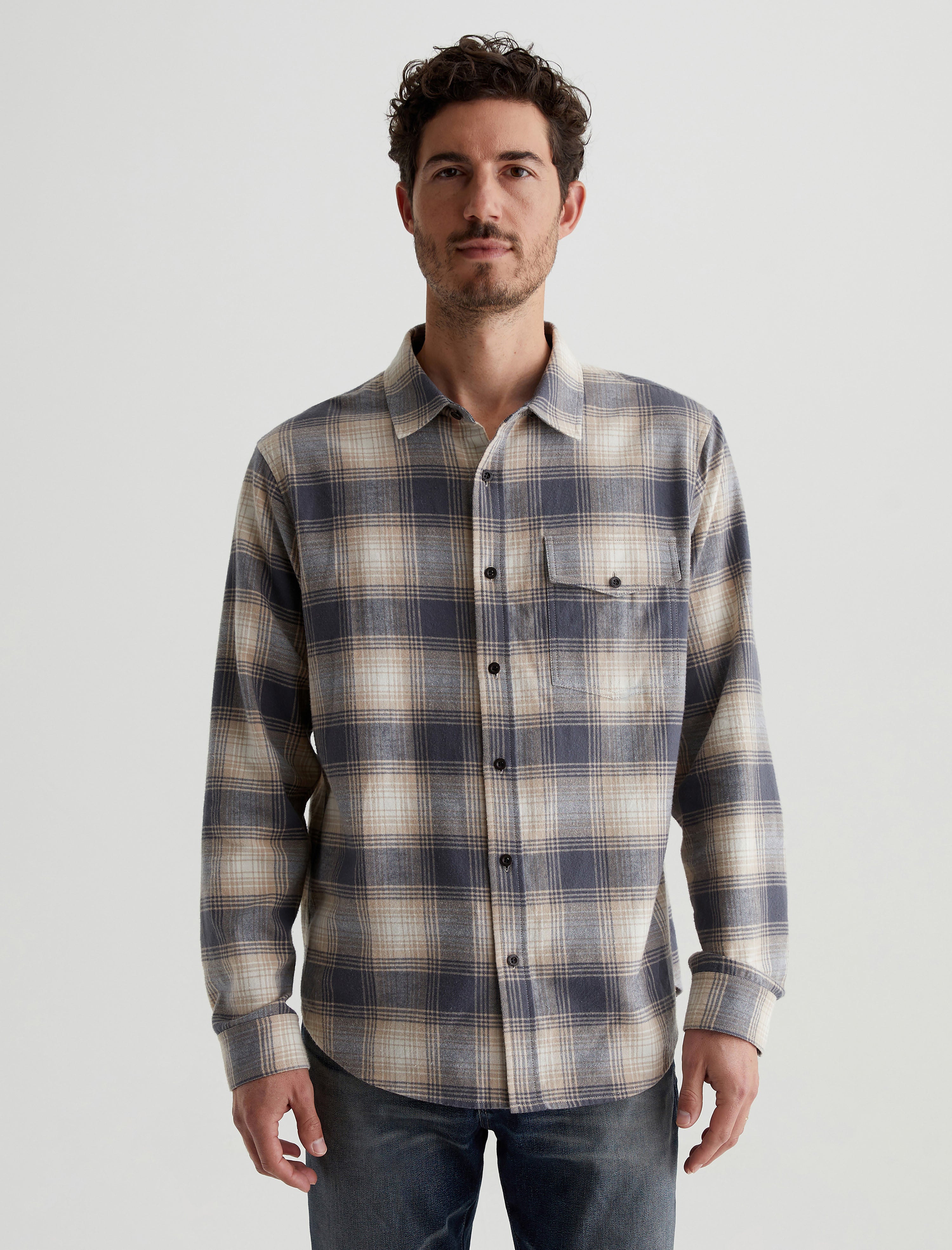 Wesley Shirt Shadow Plaid Dark Grey Multi Relaxed Long Sleeve Men Top Photo 1