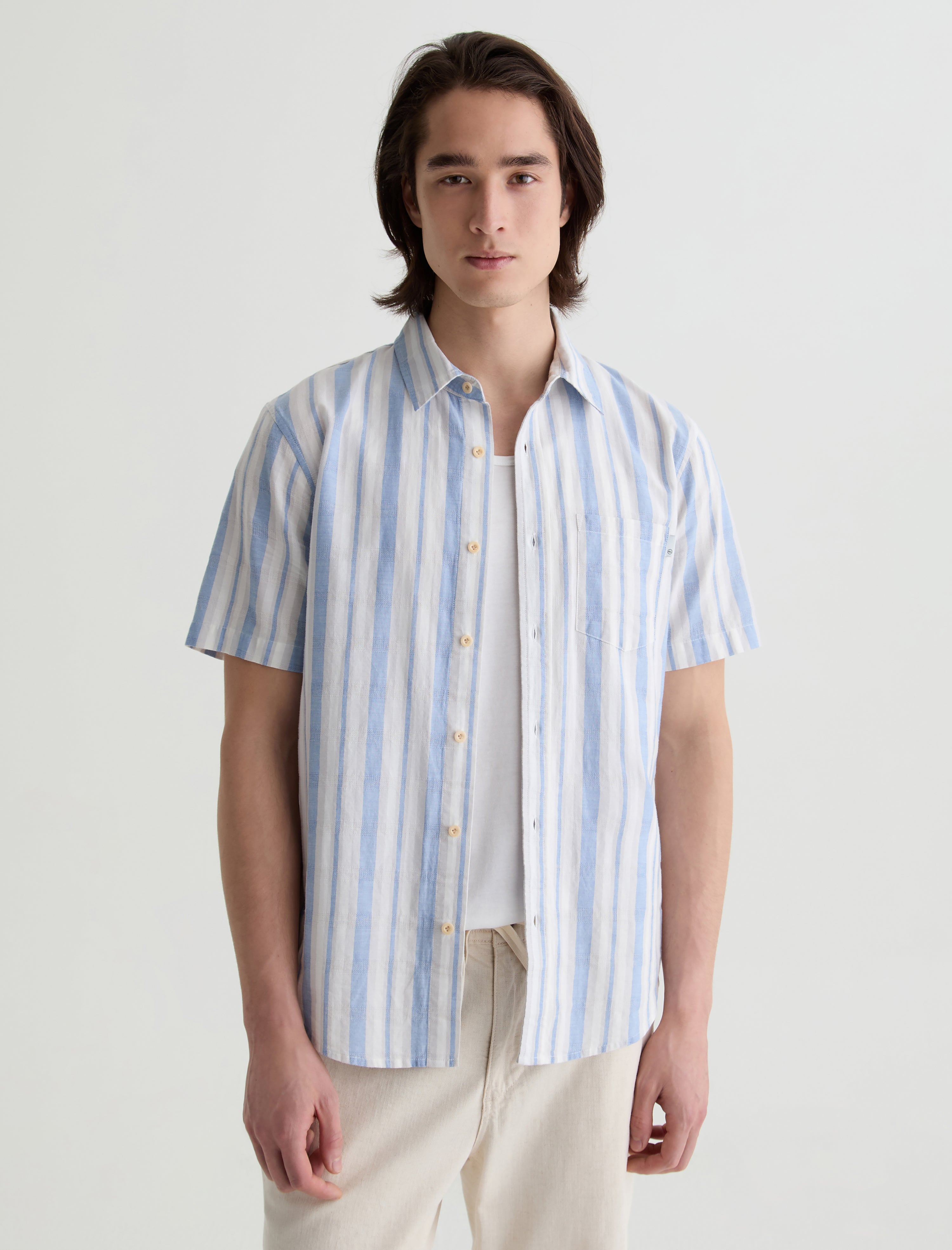 Aiden Short Sleeve Shirt Blue/Taupe Stripe Classic Short Sleeve Button-Up Shirt Men Top Photo 1