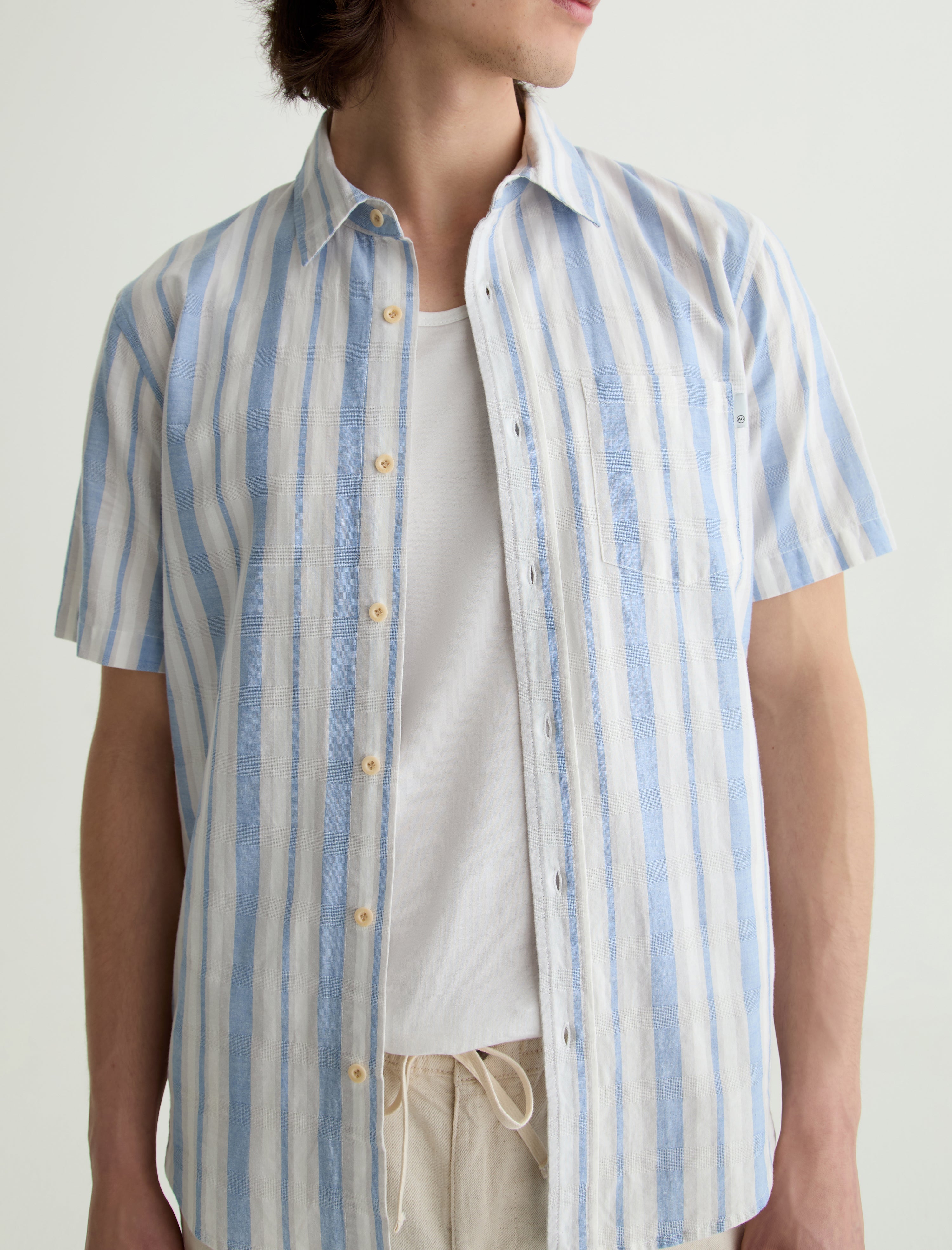 Aiden Short Sleeve Shirt Blue/Taupe Stripe Classic Short Sleeve Button-Up Shirt Men Top Photo 2