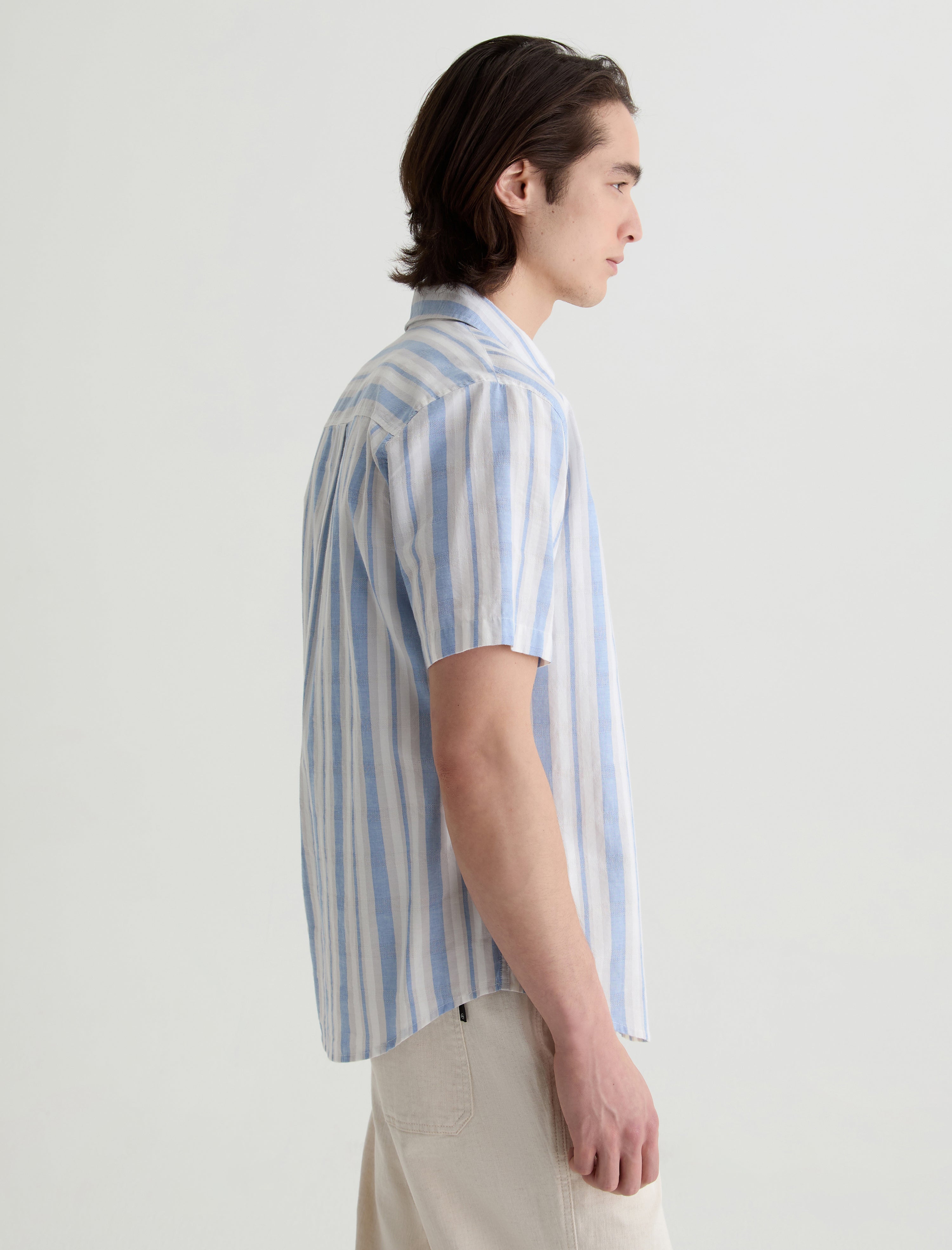 Aiden Short Sleeve Shirt Blue/Taupe Stripe Classic Short Sleeve Button-Up Shirt Men Top Photo 3