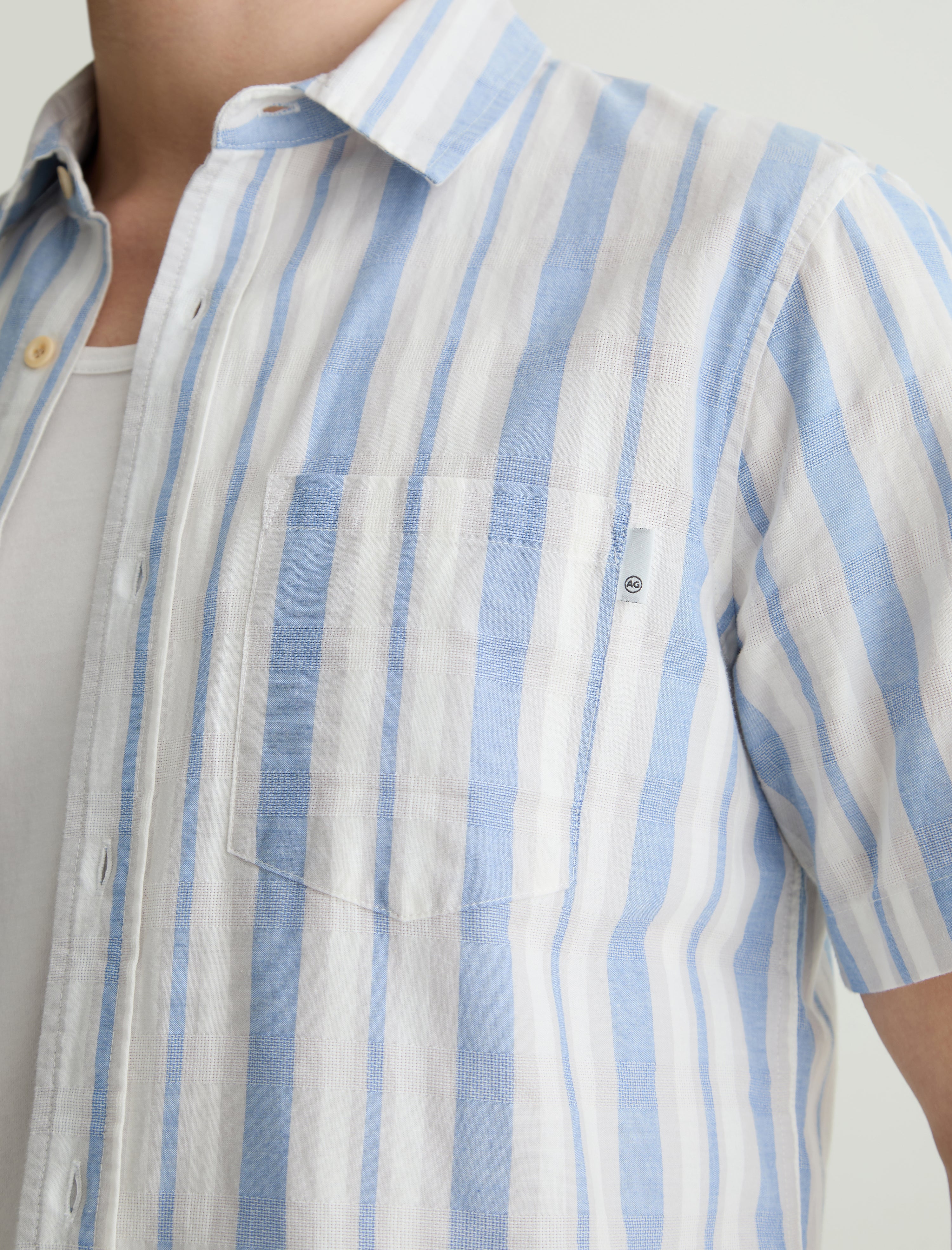 Aiden Short Sleeve Shirt Blue/Taupe Stripe Classic Short Sleeve Button-Up Shirt Men Top Photo 5