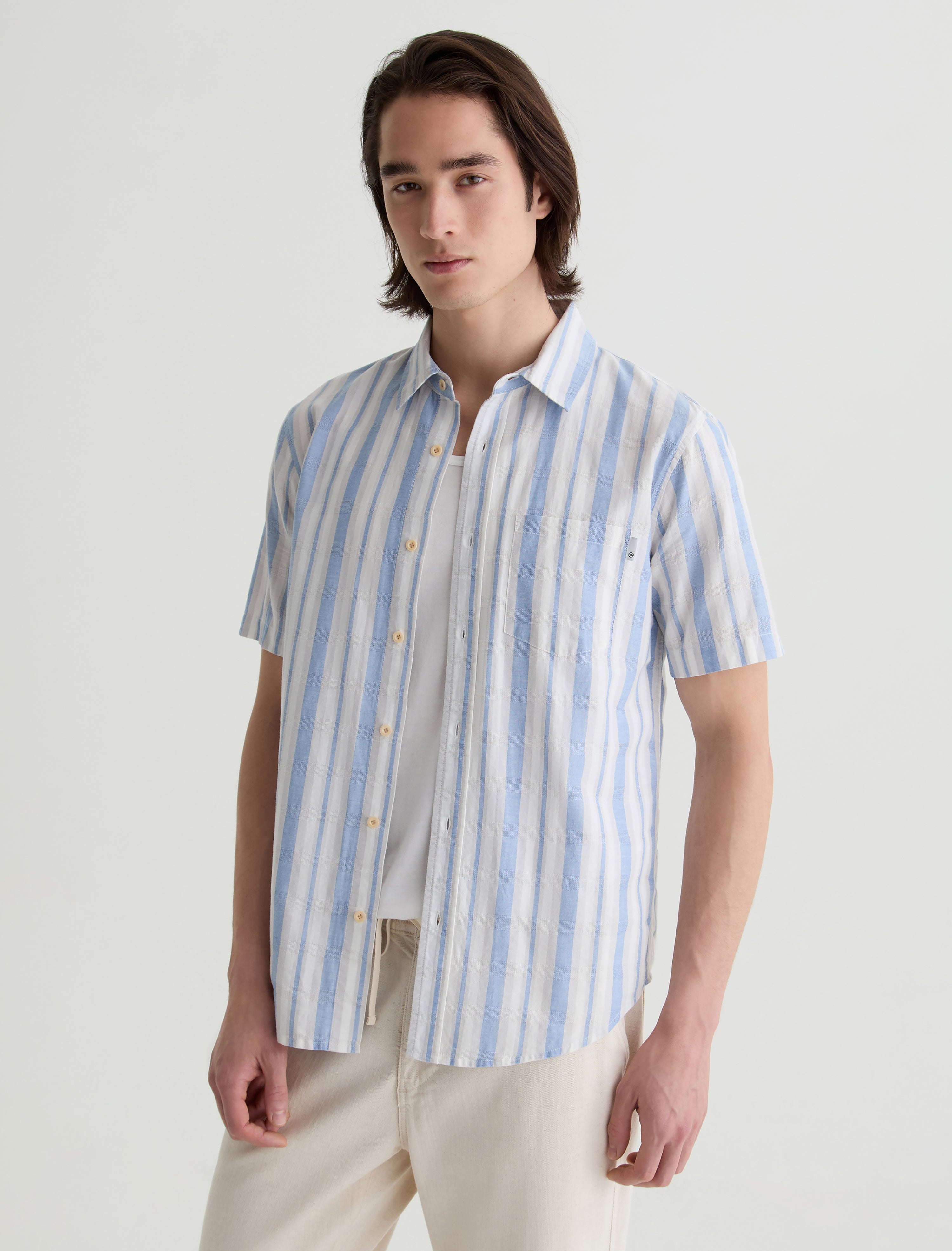 Aiden Short Sleeve Shirt Blue/Taupe Stripe Classic Short Sleeve Button-Up Shirt Men Top Photo 6