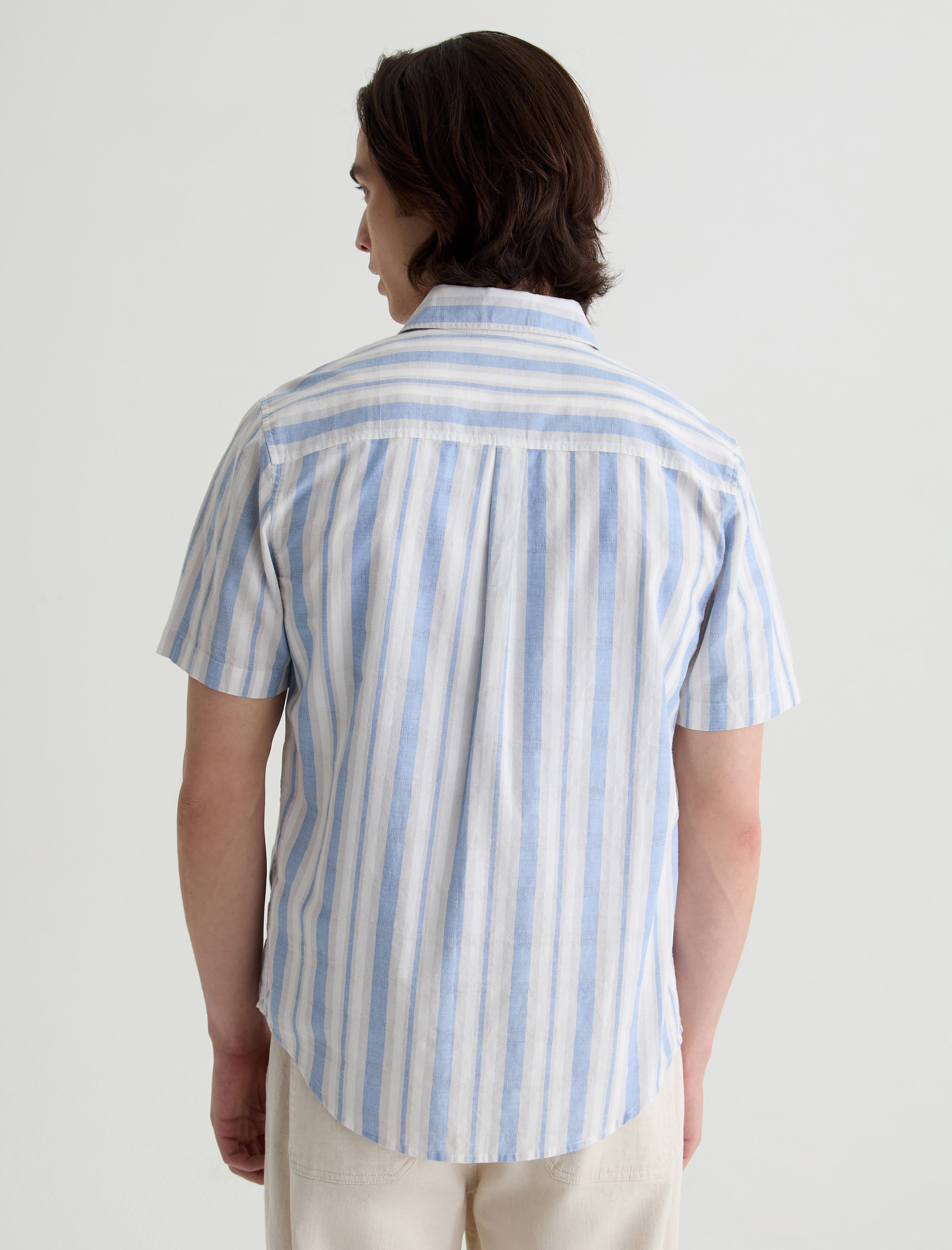 Aiden Short Sleeve Shirt Blue/Taupe Stripe Classic Short Sleeve Button-Up Shirt Men Top Photo 7