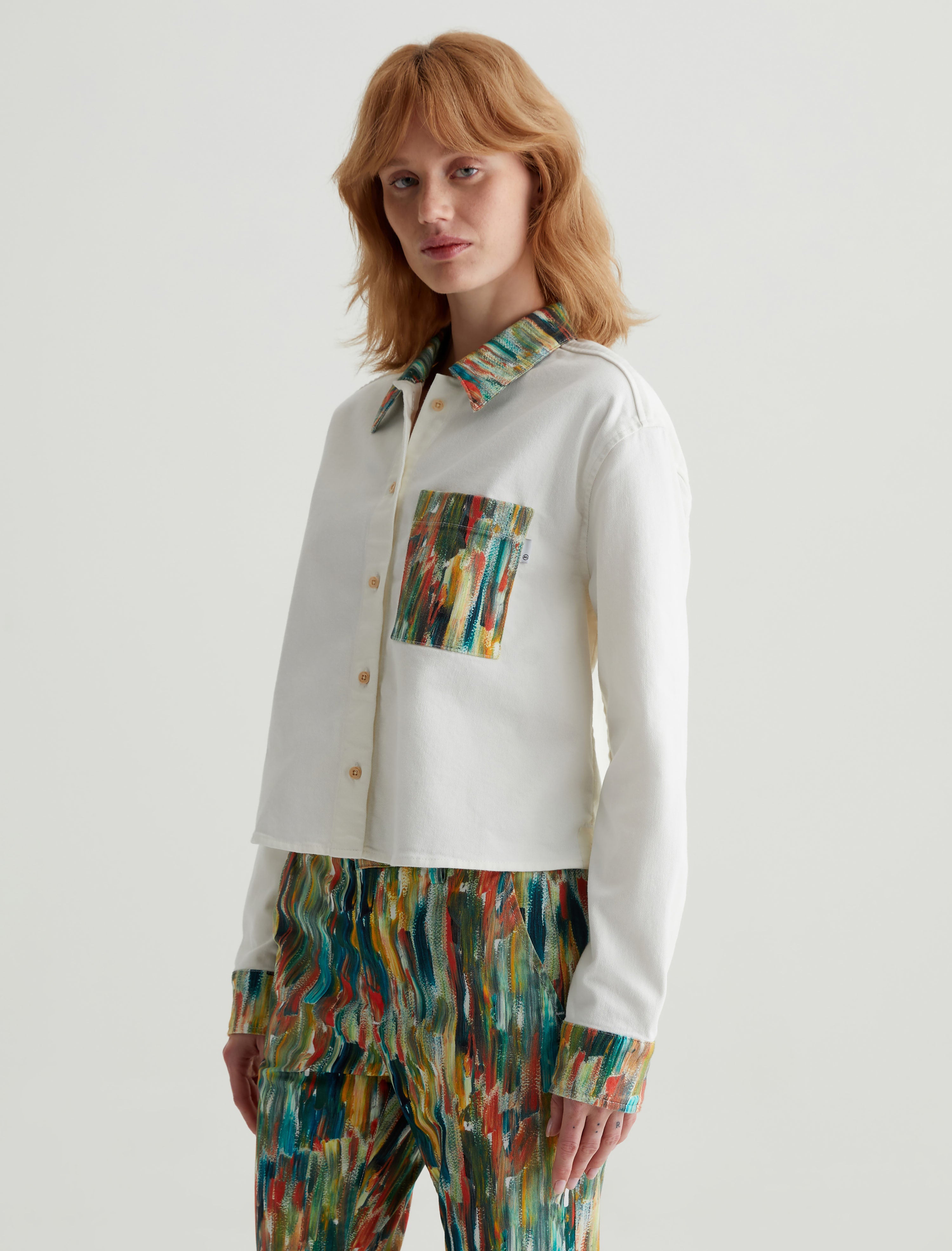 Aubrey Shirt Julien Green Multi/Julien Mix Relaxed Fit Button Up Crop Women Top Photo 3