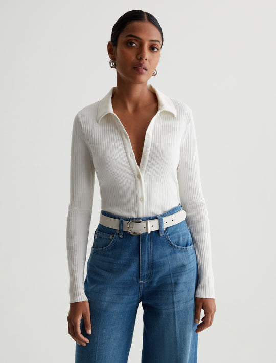 Jolan Top Ex-White Slim Long Sleeve Button Up Top Photo 1