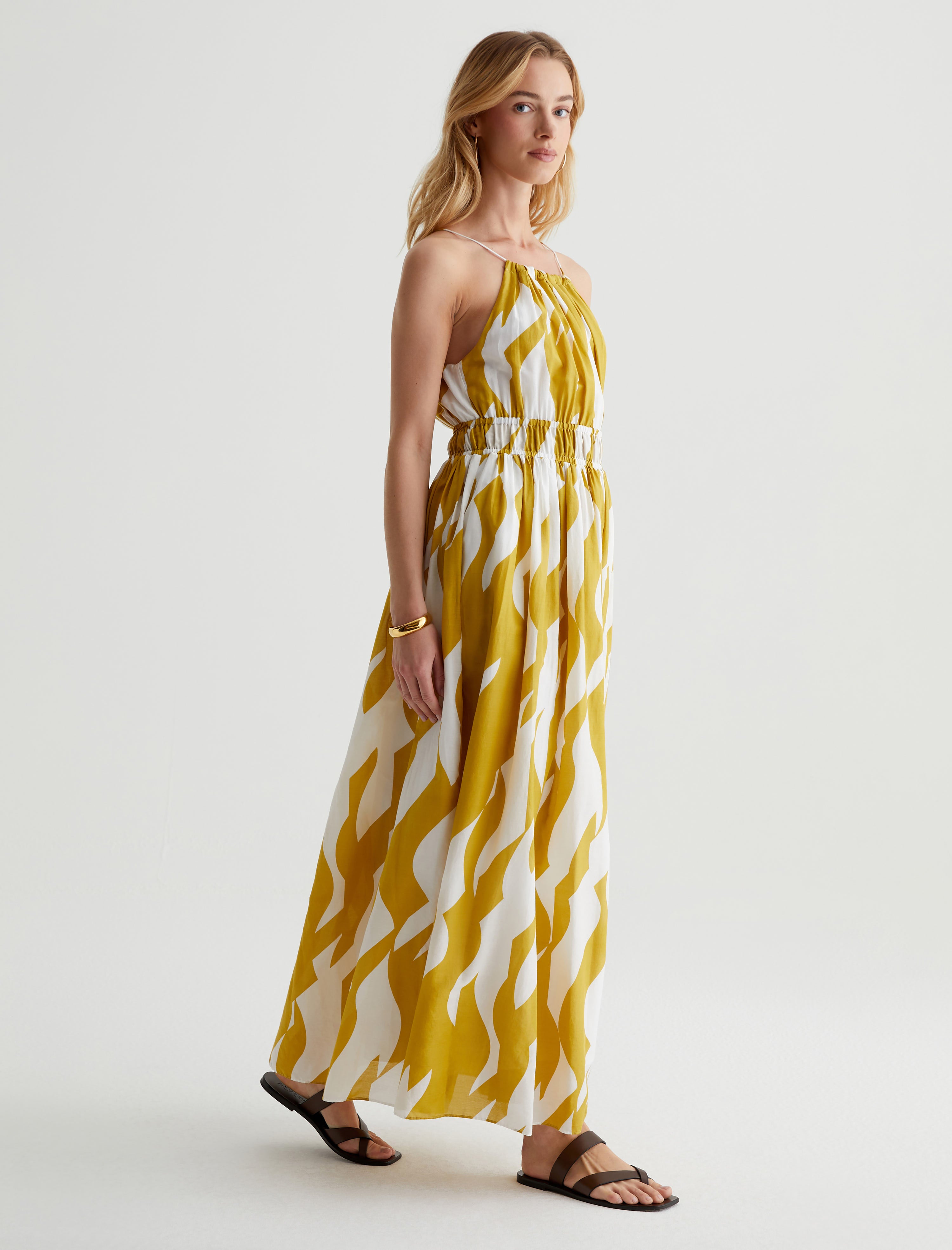 Maelle Dress Geo Wave Martini Olive/Off White Shirred Dress Women Top Photo 2
