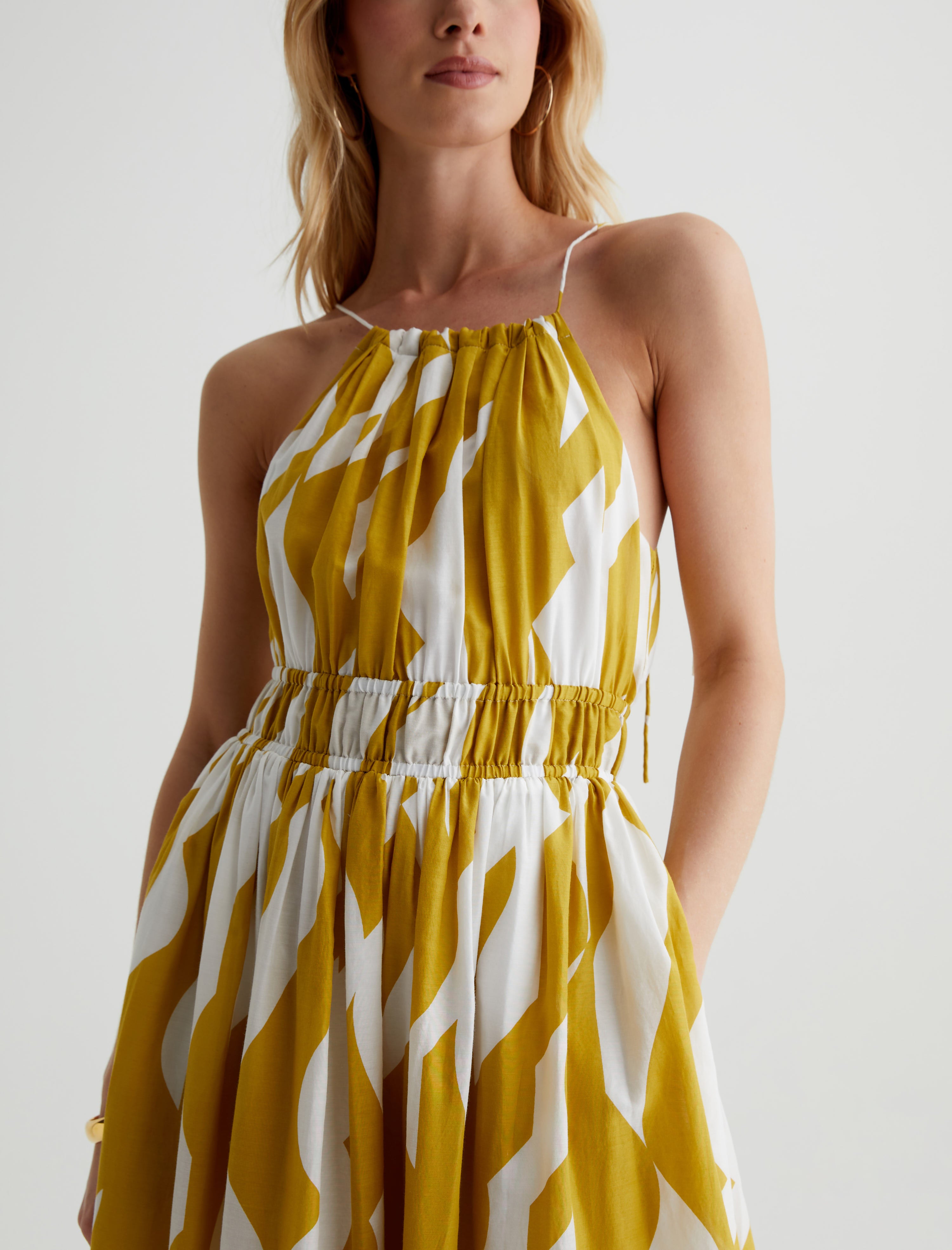 Maelle Dress Geo Wave Martini Olive/Off White Shirred Dress Women Top Photo 5