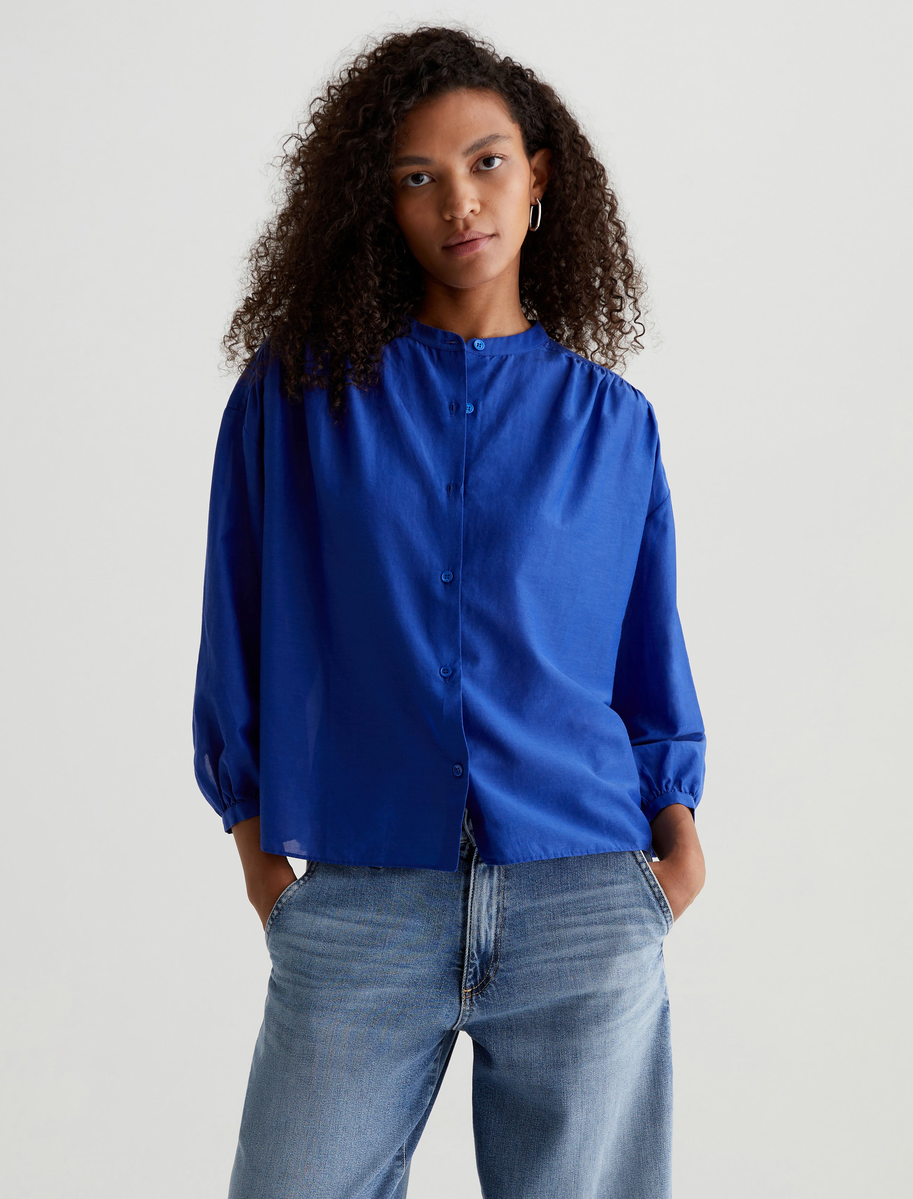 Doris Shirt Electric Blue Shirred Blouse Women Top Photo 1