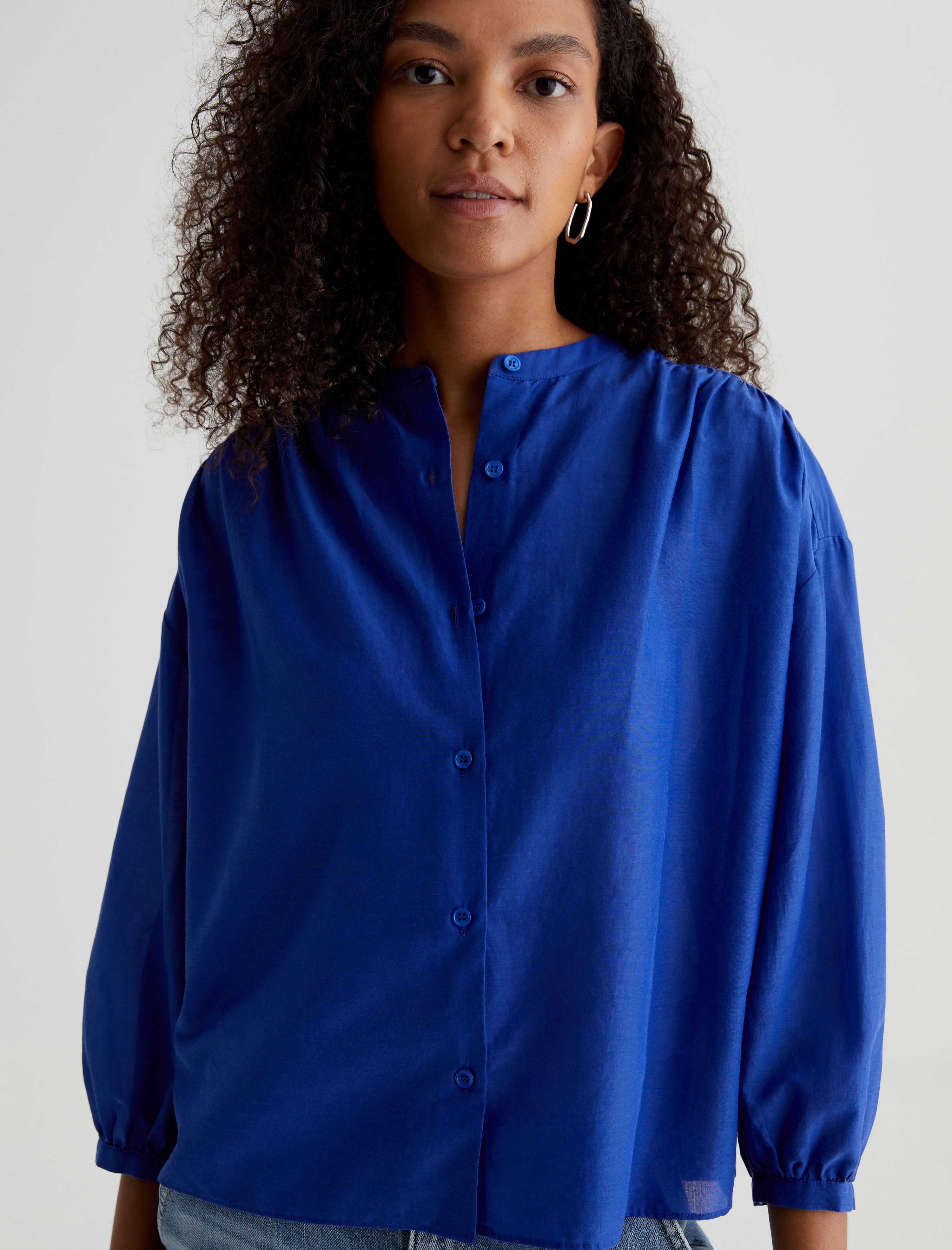 Doris Shirt Electric Blue Shirred Blouse Women Top Photo 2