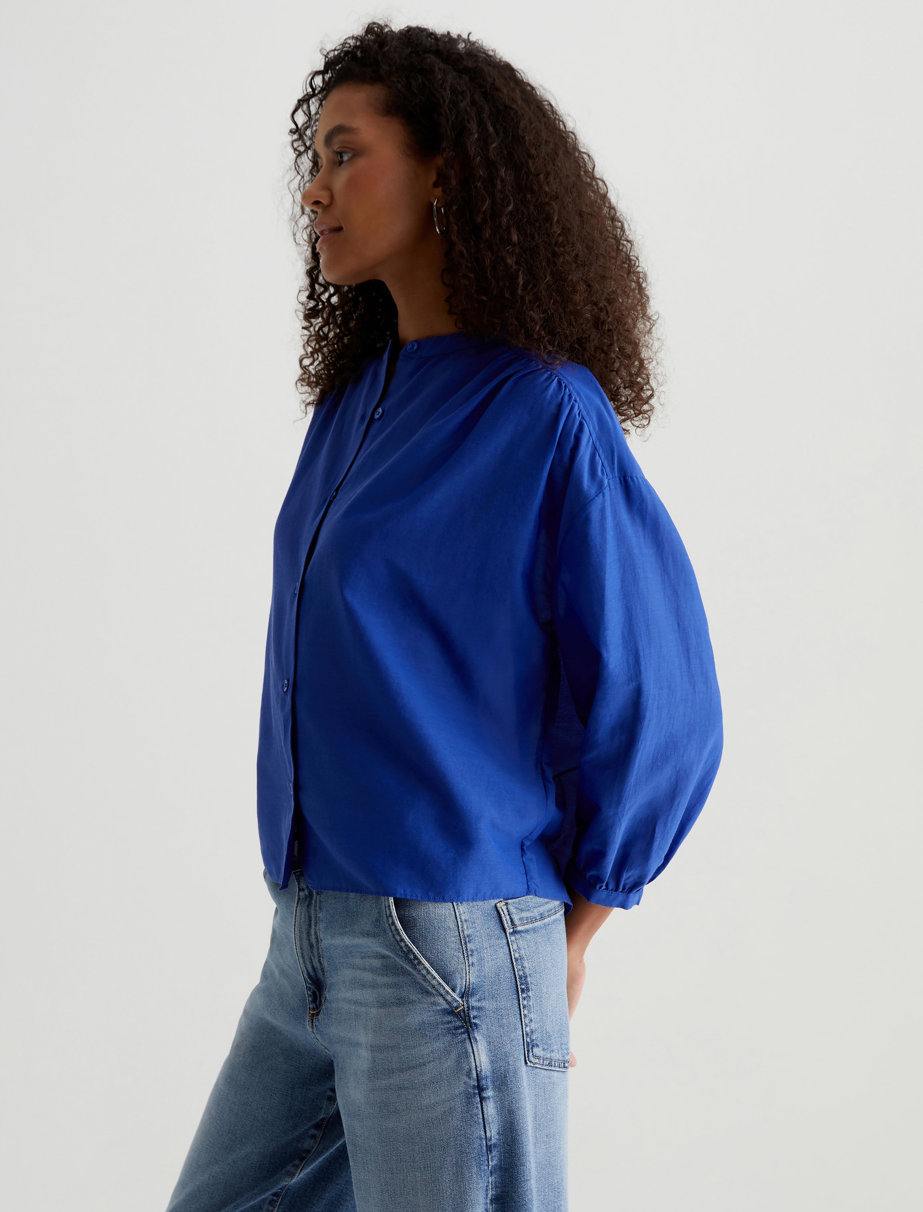 Doris Shirt Electric Blue Shirred Blouse Women Top Photo 3
