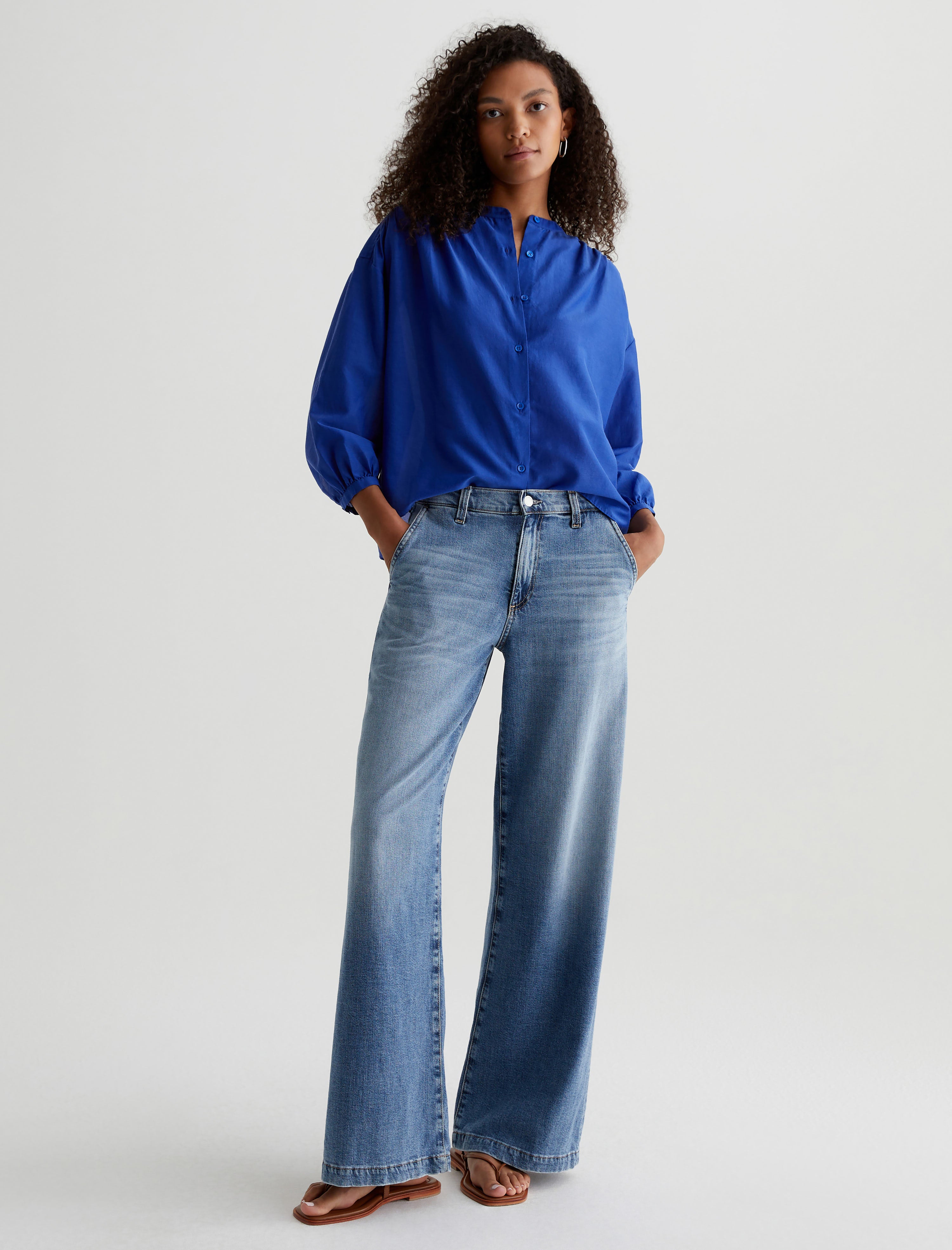 Doris Shirt Electric Blue Shirred Blouse Women Top Photo 4
