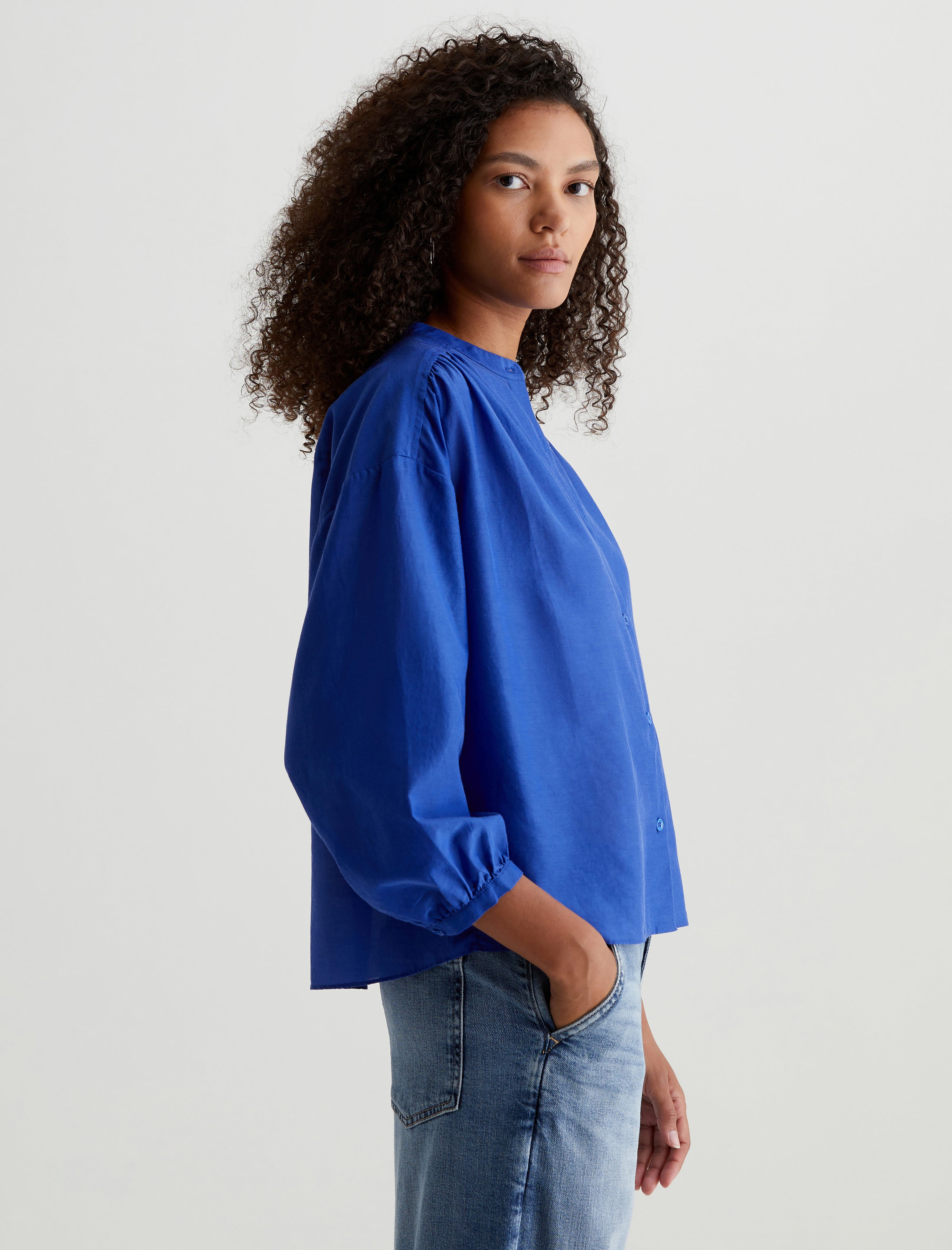 Doris Shirt Electric Blue Shirred Blouse Women Top Photo 6