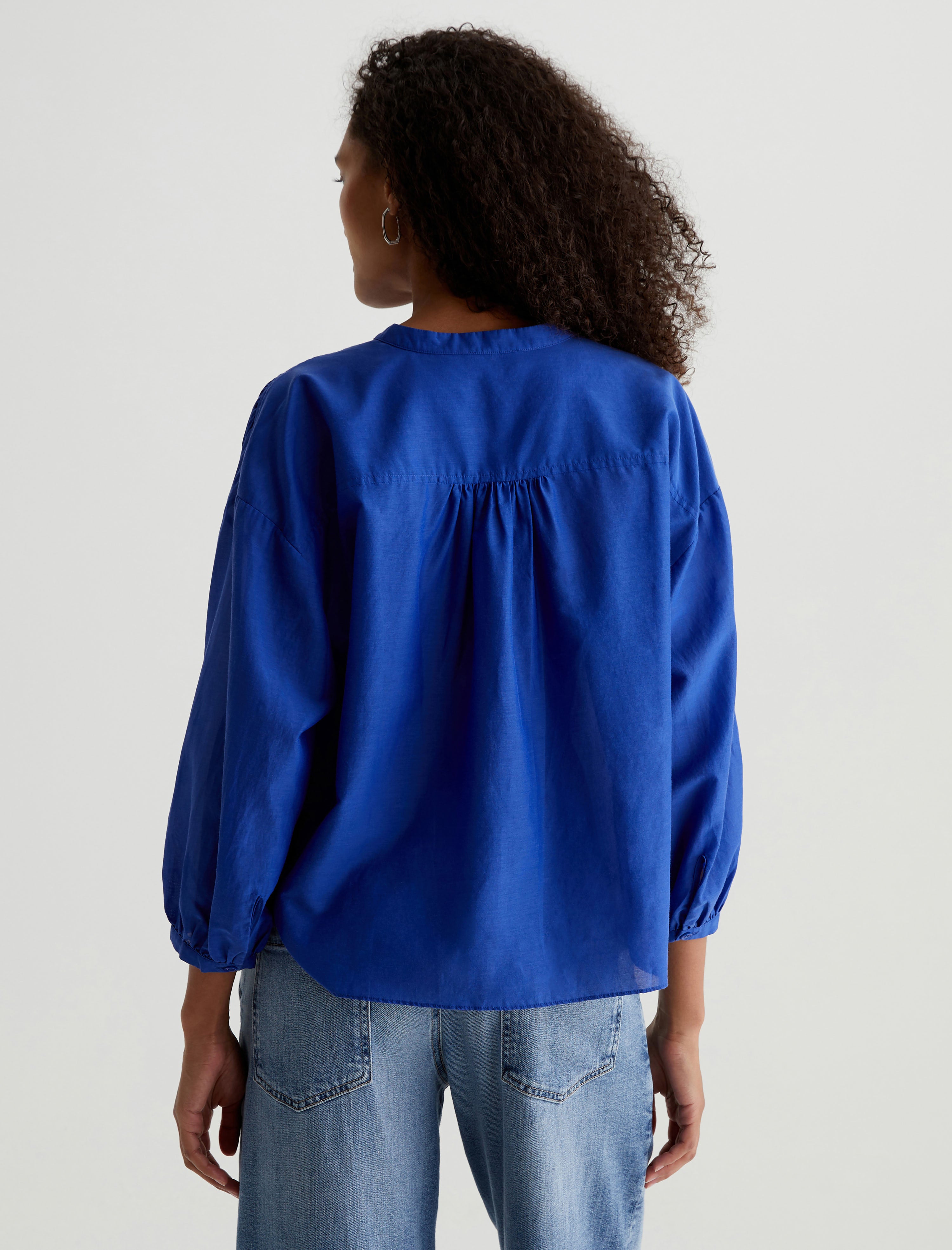 Doris Shirt Electric Blue Shirred Blouse Women Top Photo 7