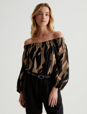 Carroline Top Geo Wave True Black/Taupe Peasant Blouse Women Top Photo 1
